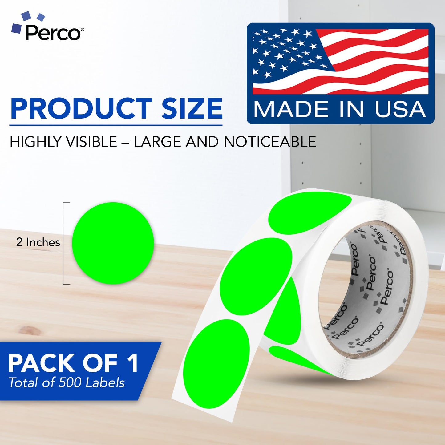 Perco Fluorescent Green 2-Inch Round Circle Dot Sticker Labels with Permanent Adhesive - 500 Labels per Roll - Vibrant Colors, Strong Adhesion - Made in USA 1 Roll