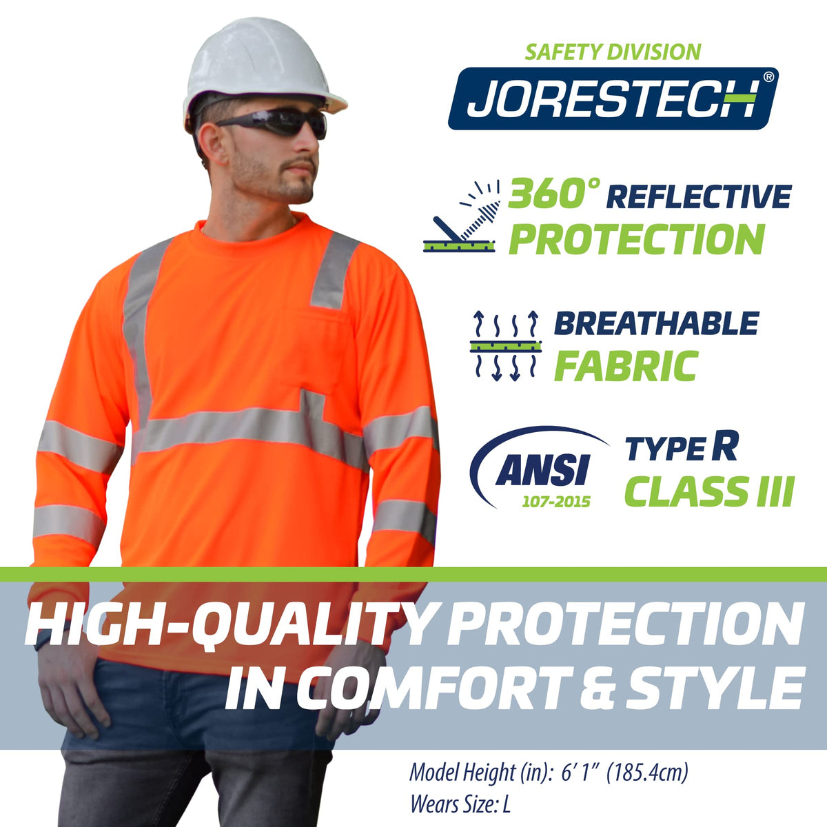 JORESTECH High-Visibility Long Sleeve Safety Shirt, ANSI/ISEA 107 Type R Class 3 Compliant, Reflective Tape, Birdseye Fabric with Chest Pocket Orange 3X-Large