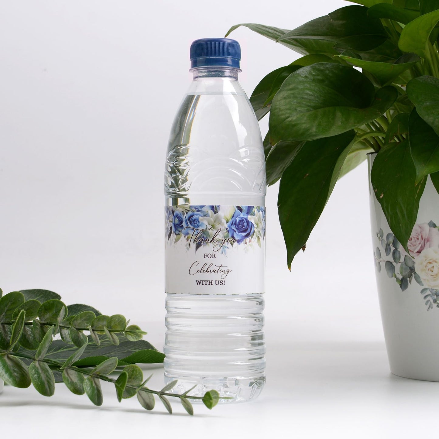 50 Pcs Waterproof Blue Floral Thank You Bottle Stickers Labels,Wedding Bridal Shower Bottle Wrappers Engagement Party Favors Decors Supplies Dark Blue
