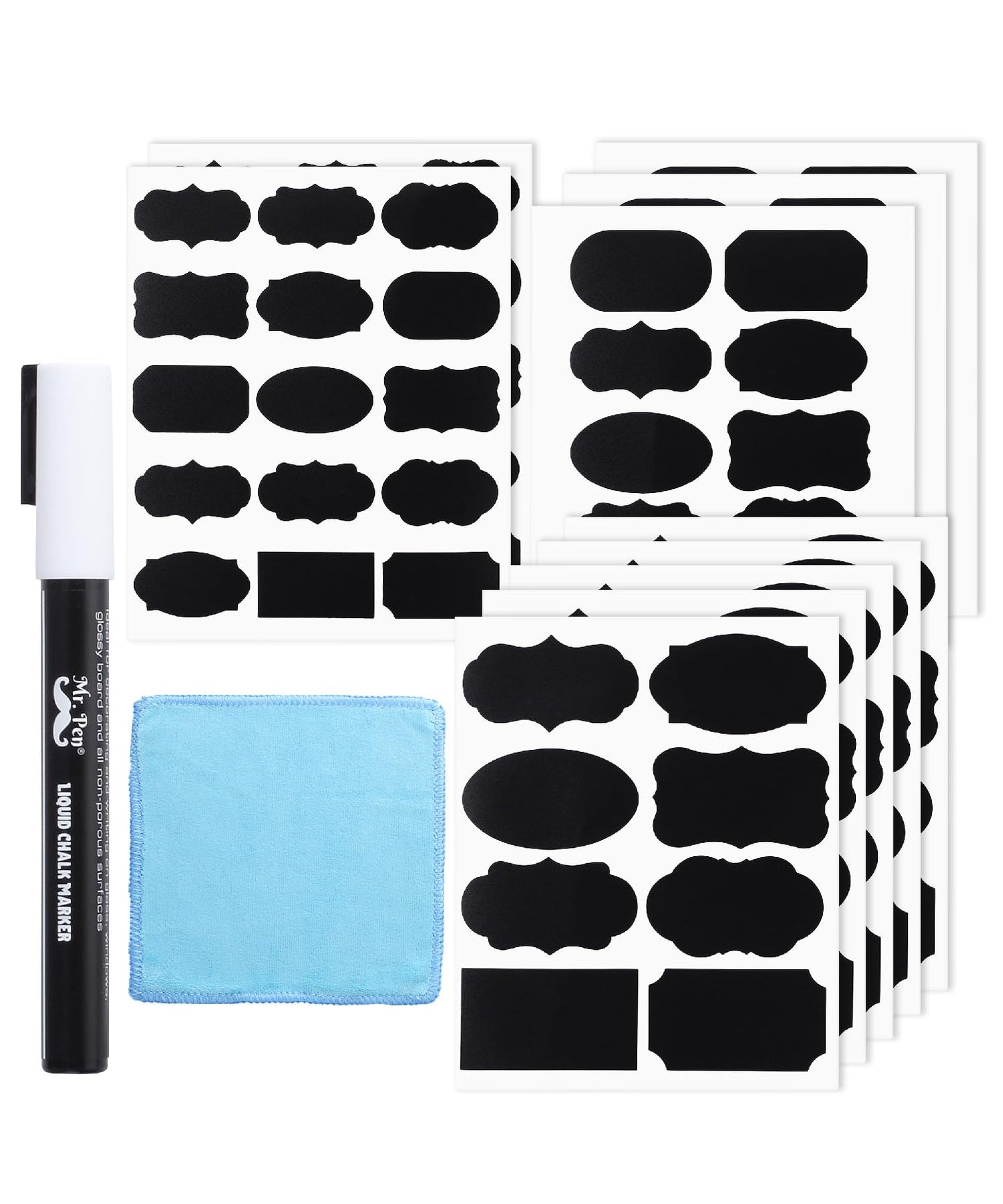Mr. Pen- Chalkboard Labels, 500 pcs, Assorted Shapes, White Chalk Marker and Small Towel, Labels for Storage Bins and Jars
