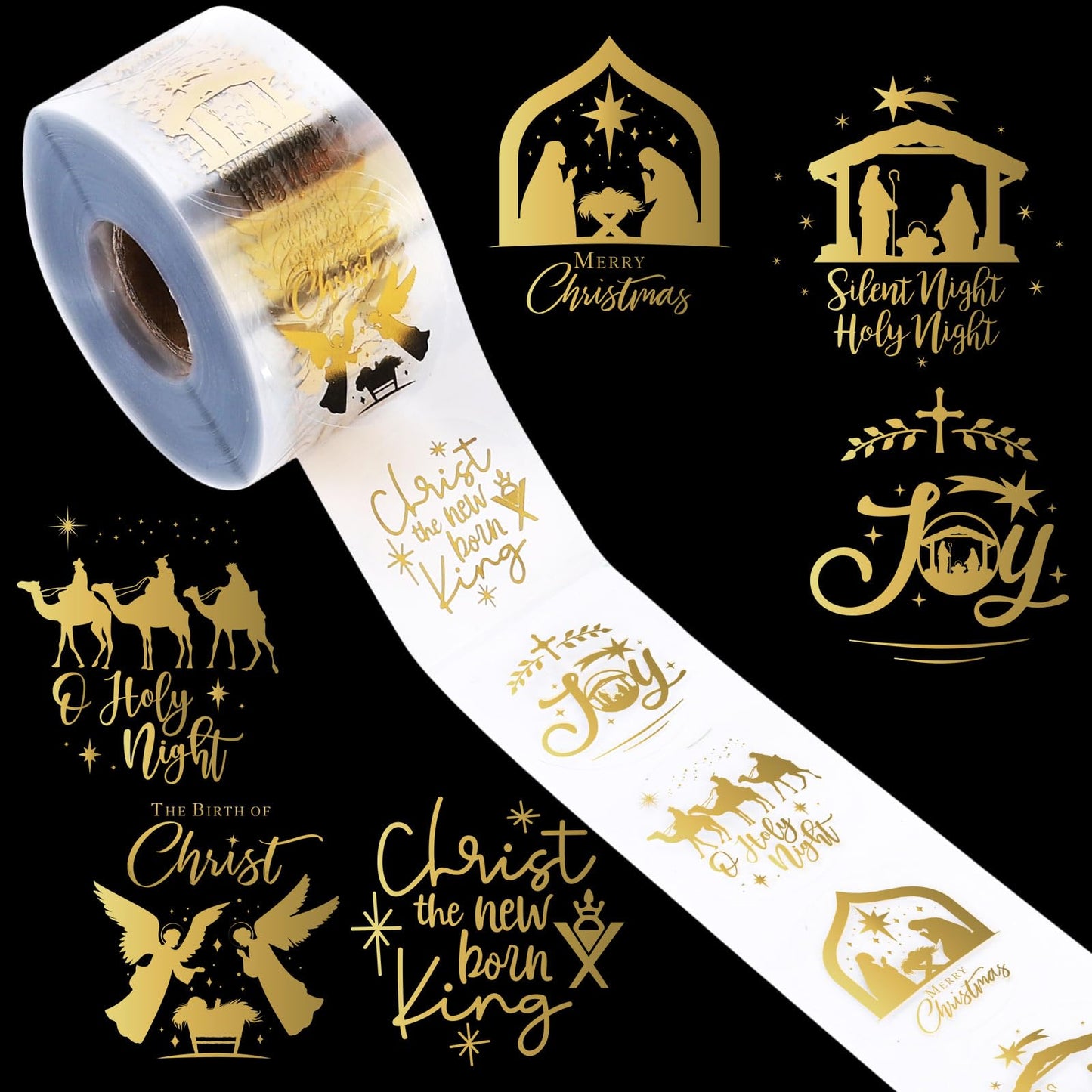 AnyDesign 1000Pcs Clear Christmas Stickers Roll Gold Foil Nativity Scene Stickers Xmas Winter Holiday Round Adhesive Label Stickers Decal for Xmas Envelopes Invitations Cards Gifts Decor, 6 Designs