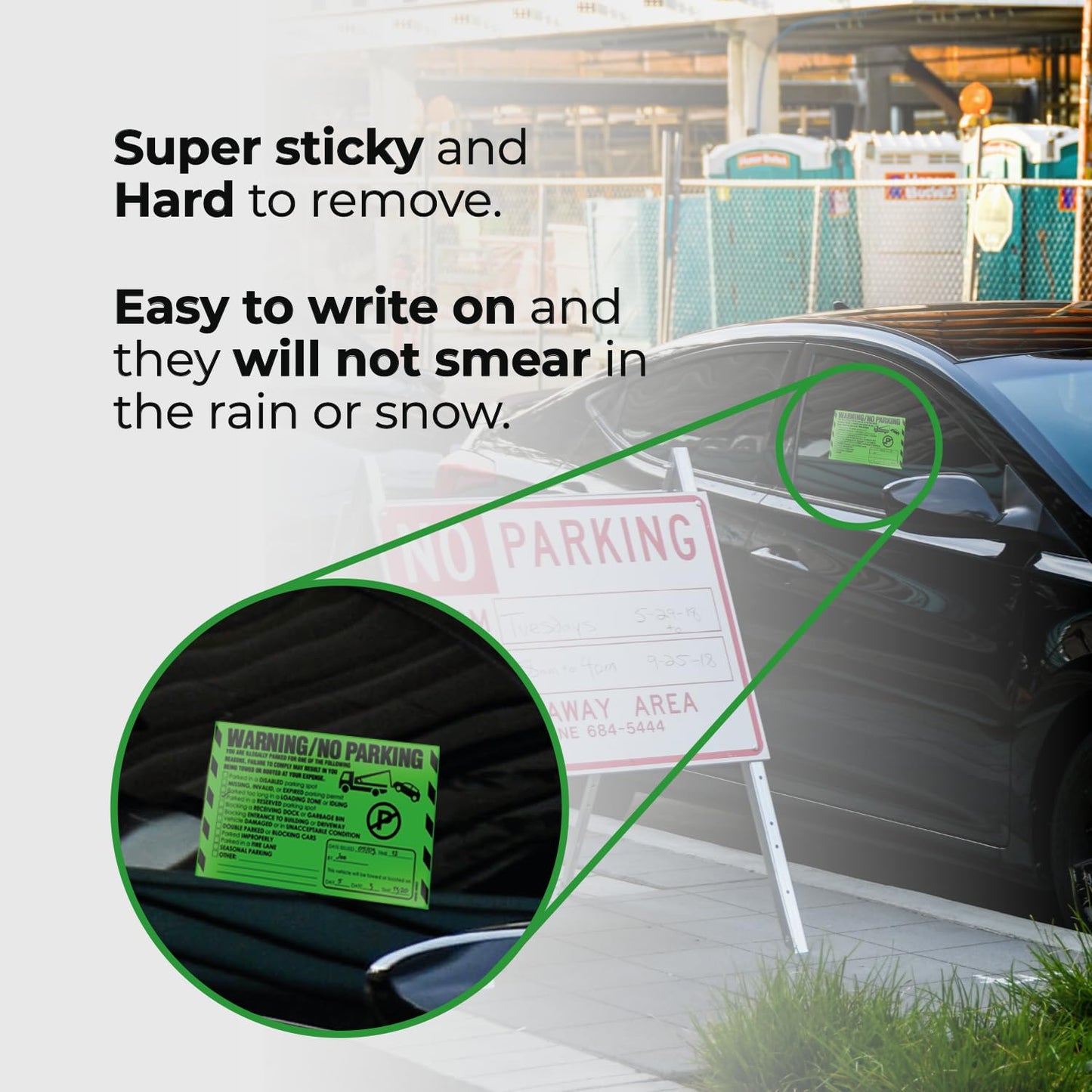 100 MESS Parking Violation Stickers - Hard to Remove - Green Multi-Reason - No Parking, Towing Warning Stickers 8x5 in 100