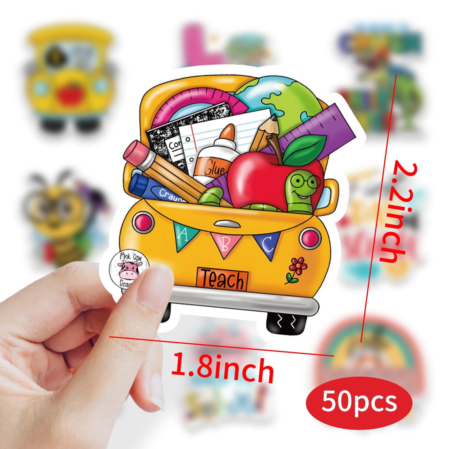Back to School Gift Sticker Schoolbag Label Stickers Cute Stationery Reward Sticker Bus Book Apple Decals First Day of School Art Sticker Arm Body Accessories for Students 50 Pcs
