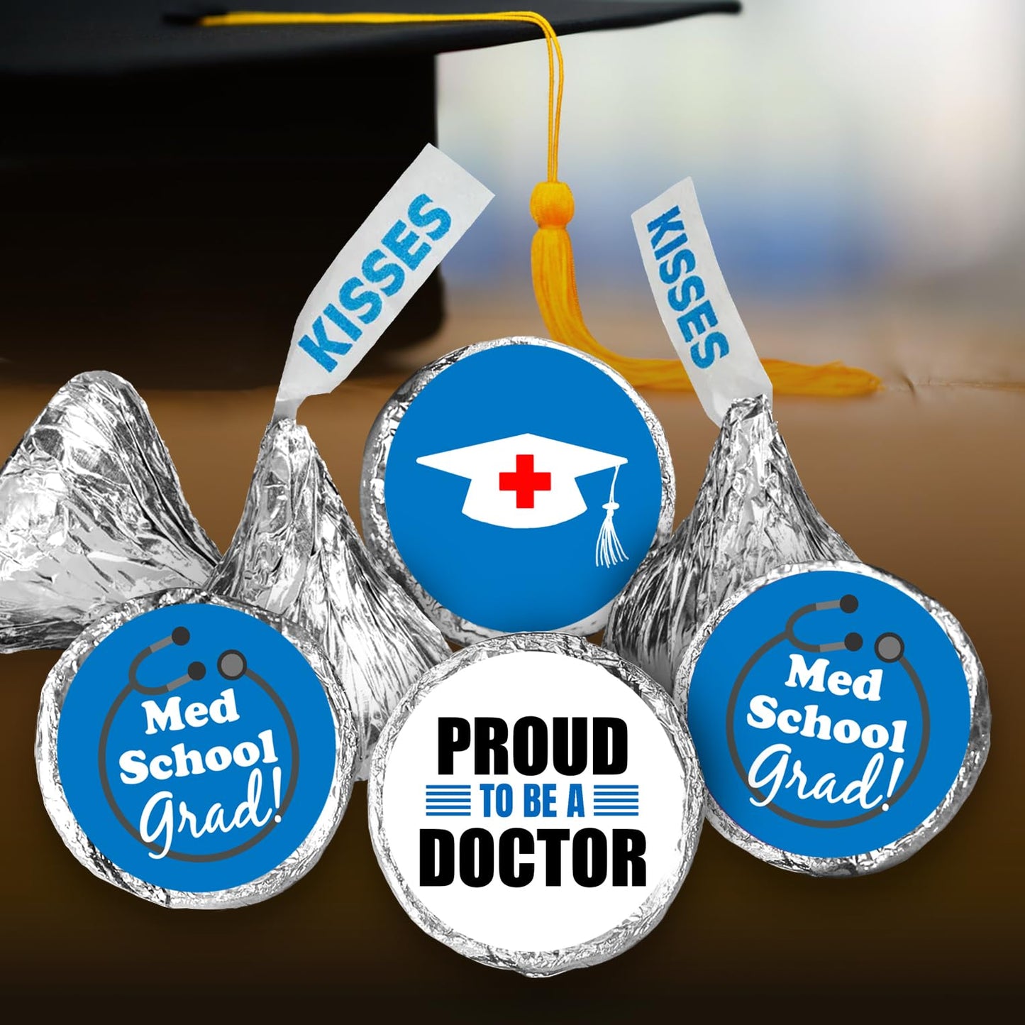 216 Med School Graduation Party Kisses Stickers Labels, Medical School Doctor Grad Party Decorations. Candy NOT Included. Made in USA.
