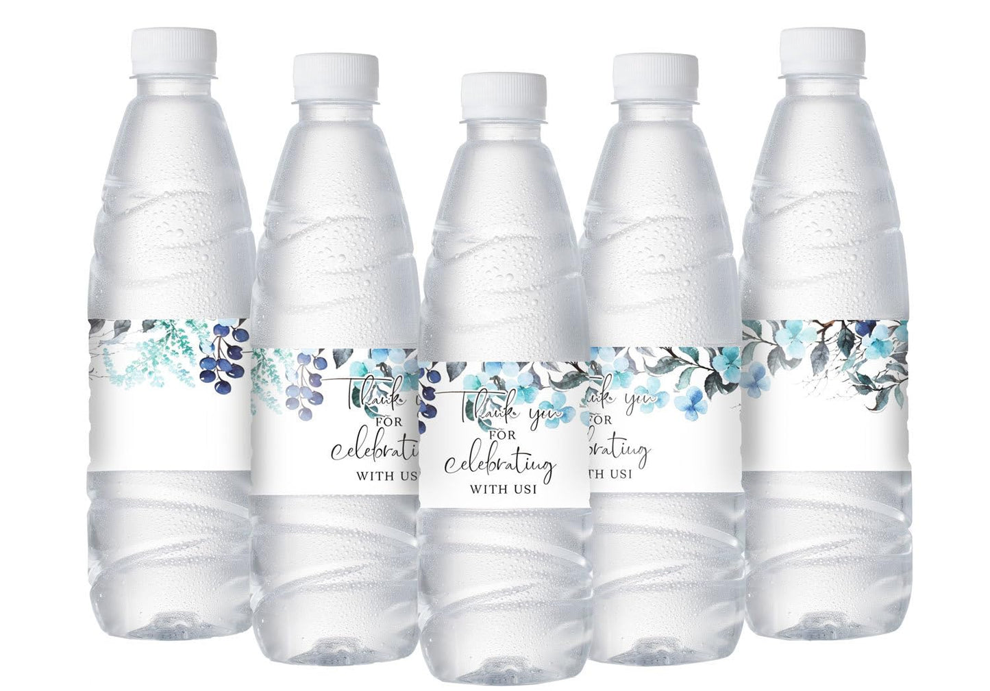 50Pcs Blue Flower Wedding Water Bottle Labels Glossy Waterproof Wrappers Wraparound Label Thank You Stickers for Bridal Shower Birthday