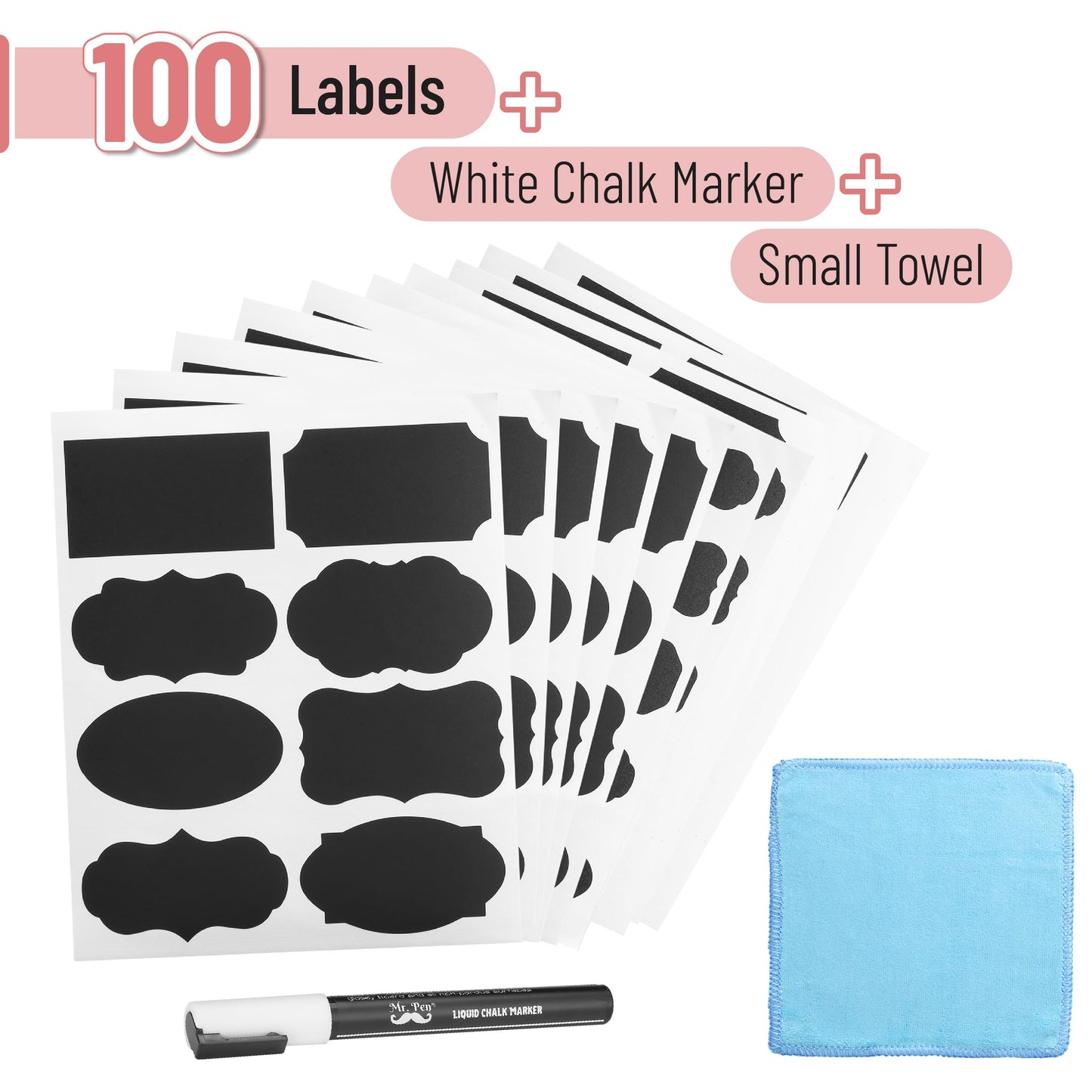 Mr. Pen- Chalkboard Labels, 100pc, Assorted Shapes, 1 White Chalk Marker and Small Towel 100 pcs