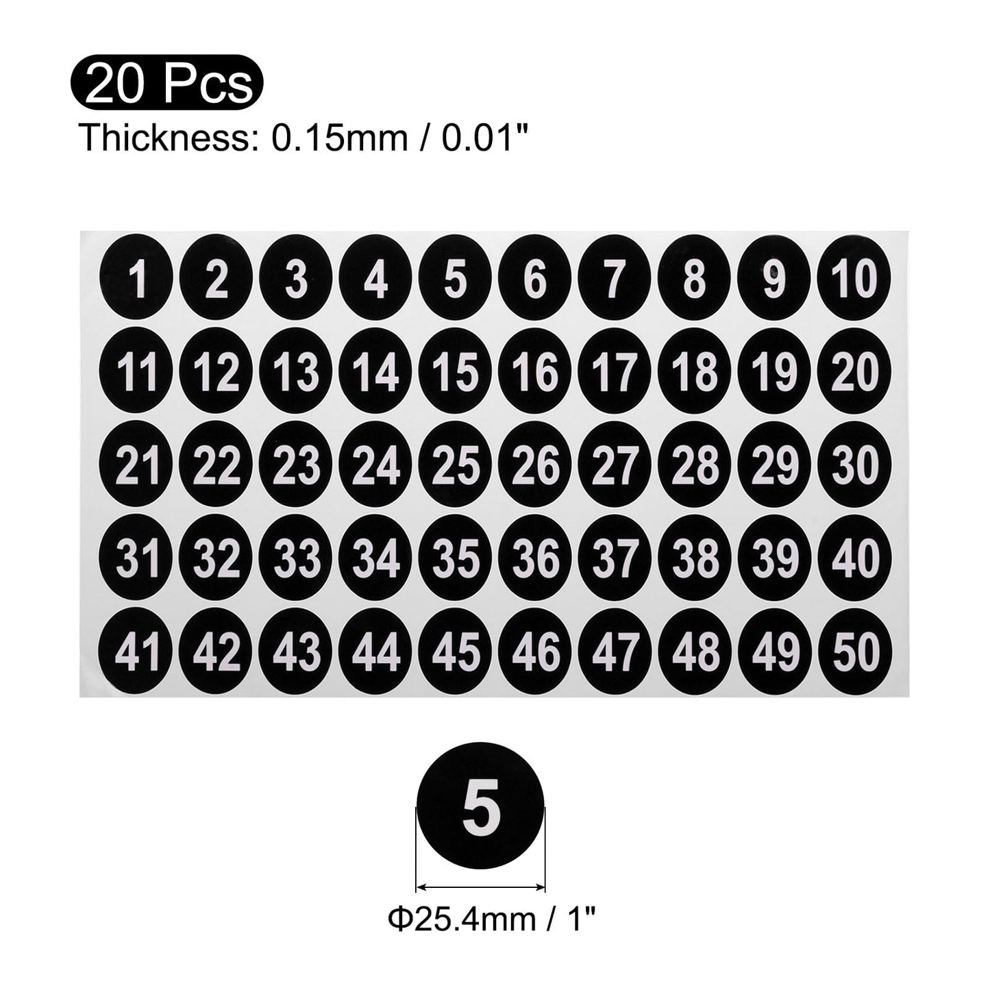 uxcell 20 Sheets Round Number Stickers, 1-50 Vinyl Consecutive Number Labels Self-Adhesive Number Decal for Office Classroom Box Storage, Black(1 inch Each)