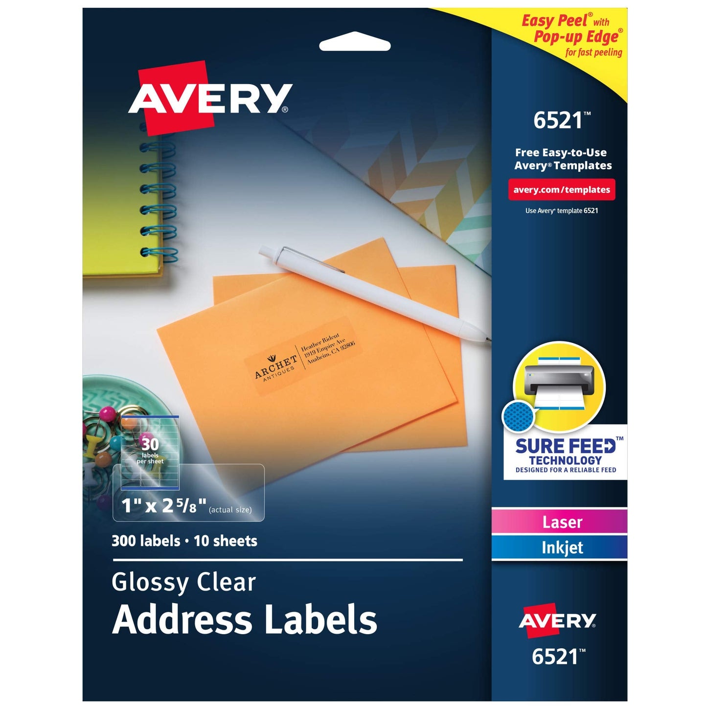 Avery Printable Address Labels with Sure Feed, 1" x 2-5/8", Glossy Clear, 300 Blank Mailing Labels for Laser and Inkjet Printers (6521) 1" x 2-5/8" 300 Labels