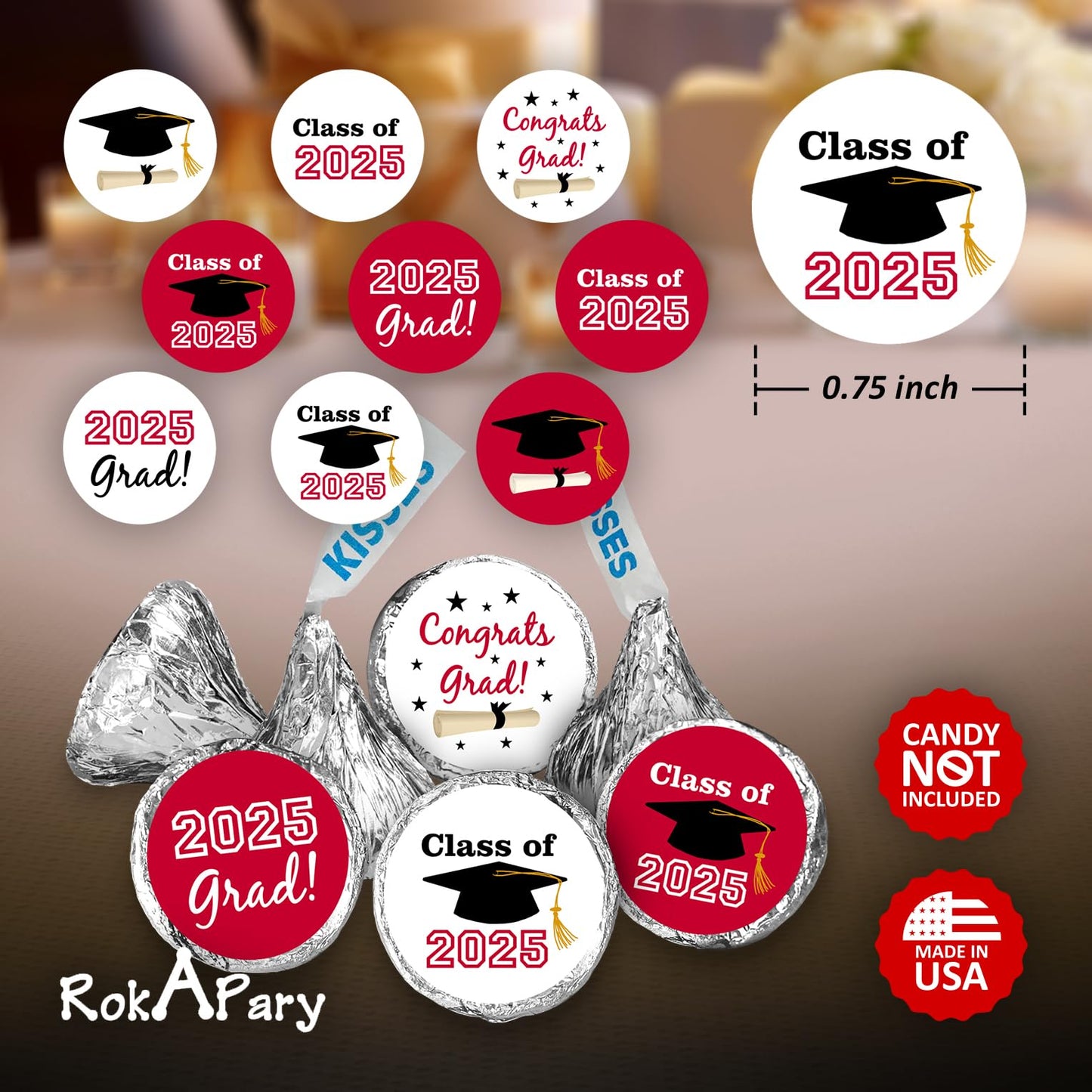 216 New Graduation Party Cap Class of 2025 Favor Kisses Stickers Labels Stickers. Grad Party Favor Decorations. Made in USA (red)