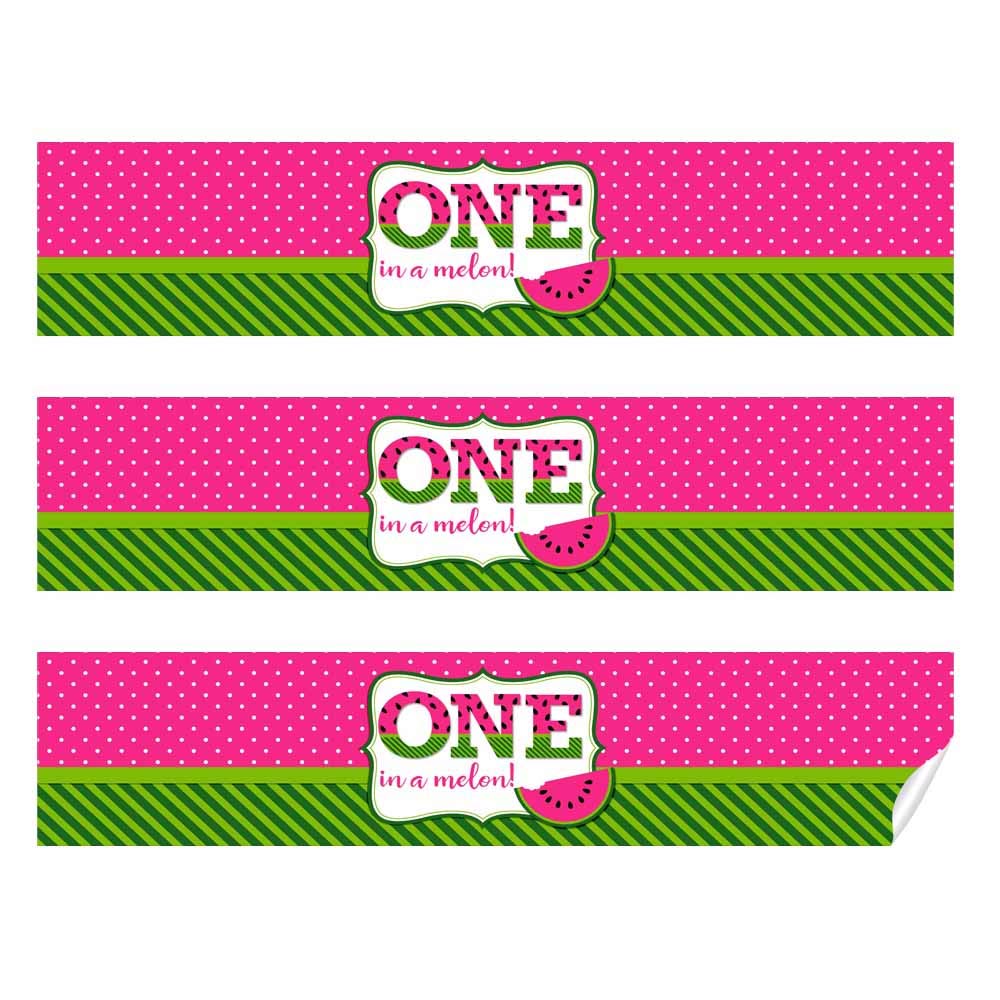 Sweet First Birthday Pink Watermelon Birthday Waterproof Water Bottle Sticker Wrappers, 20 1.75" x 8.5" Wrap Around Labels by AmandaCreation