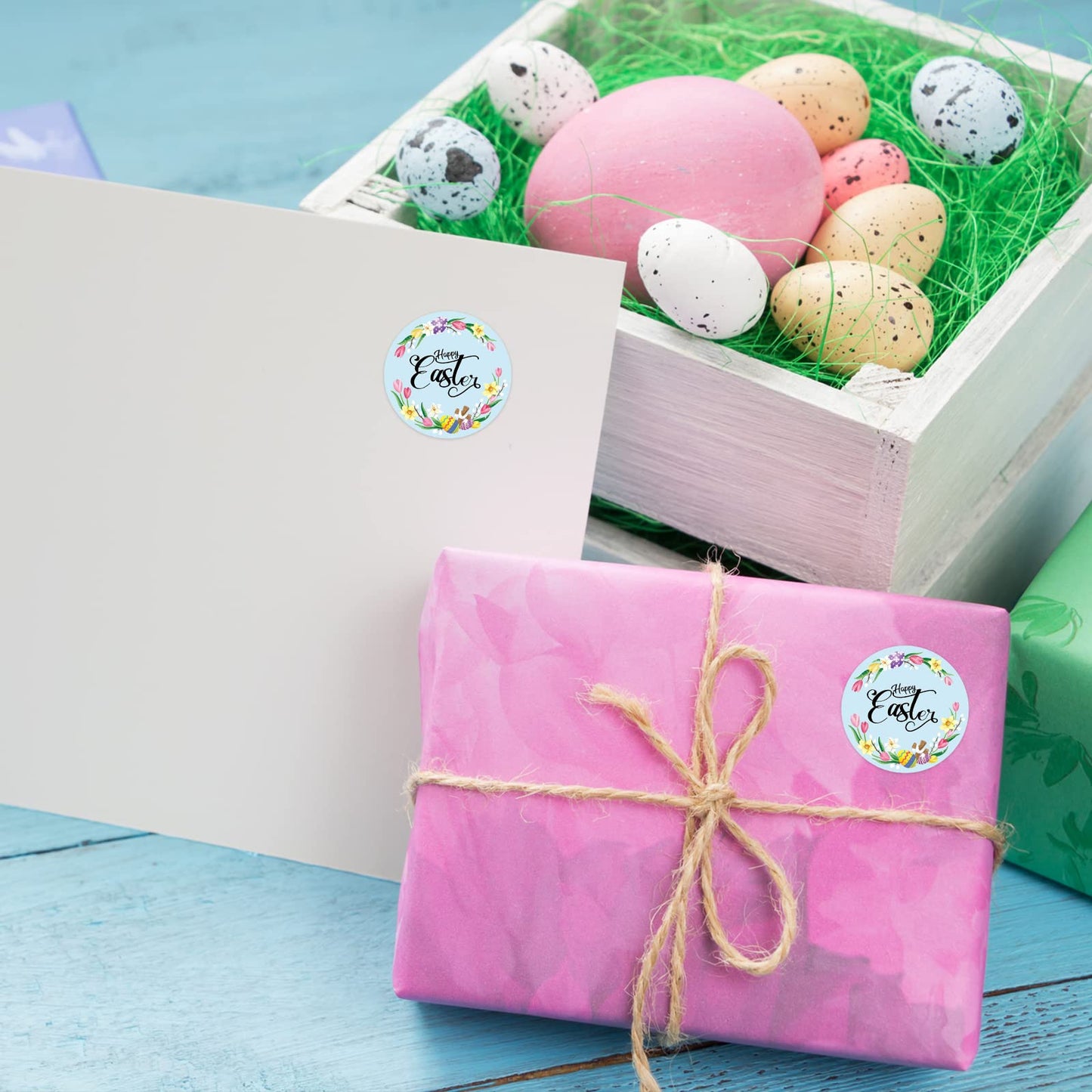 Happy Easter Sticker Rolls, 1.5 Inches 500 PCS Holiday Stickers for Kids and Adults, Round Label Stickers for Goodie Bags, Gift Favors Box, Cards, Beer Bottle, Party Supplies Floral Wreath