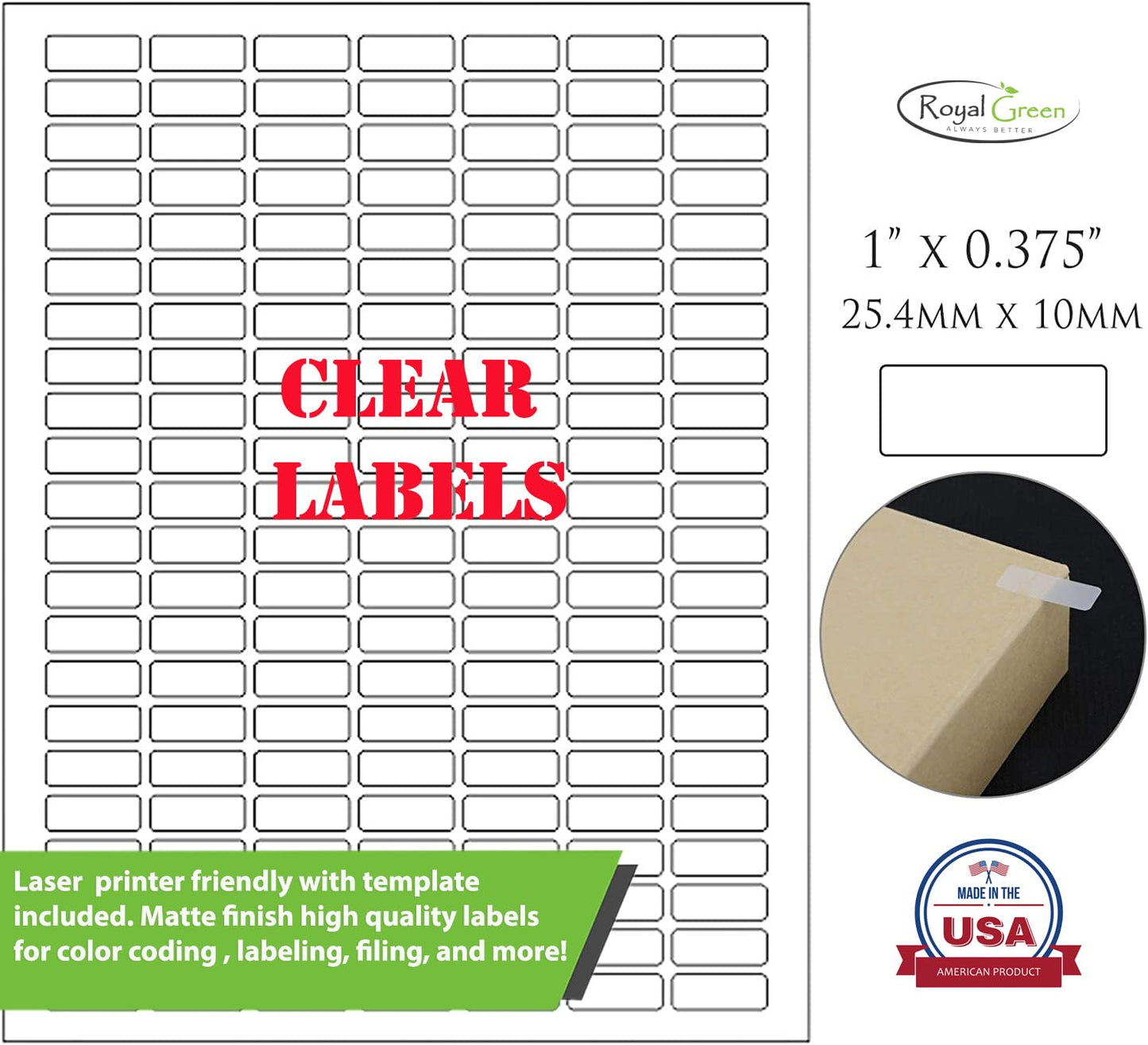 Rectangle Labels Clear Matte Finish 1" x 0.375" -824 Pack Includes Bonus Red Label Stickers - Clear Retail Package Seals by Royal Green 824