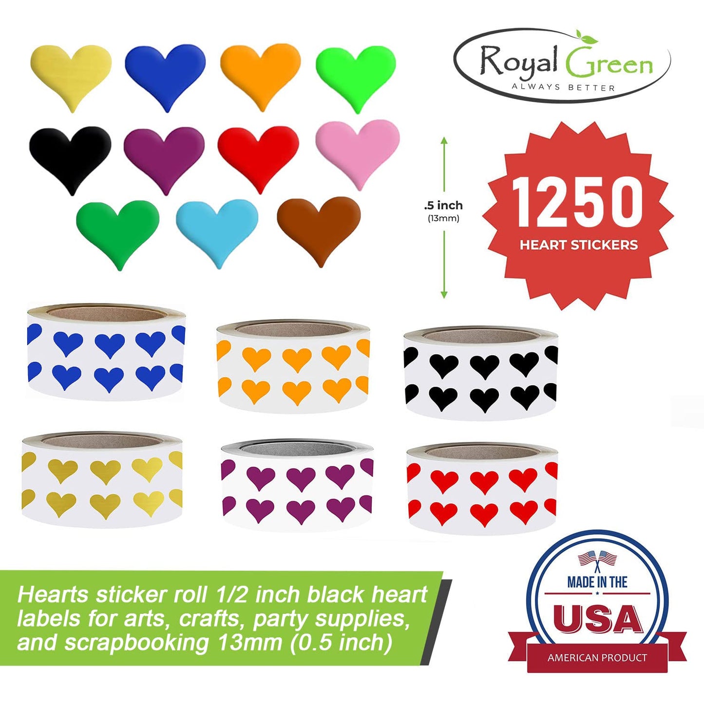 Royal Green Heart Stickers 1/2 Inch - Valentine's Day Scrapbook Stickers - Labels for Arts - Craft Paper Heart Stickers - Heart Roll Labels - 13mm (0.5 inches) - Green - 1250 Pack