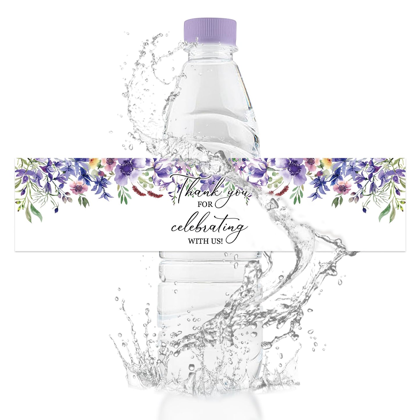 Water Bottle Labels, 50Pcs Purple Flowers Thank You for Celebrating with Us Waterproof Bottle Sticker for Wedding Birthday Graduation Baby Shower