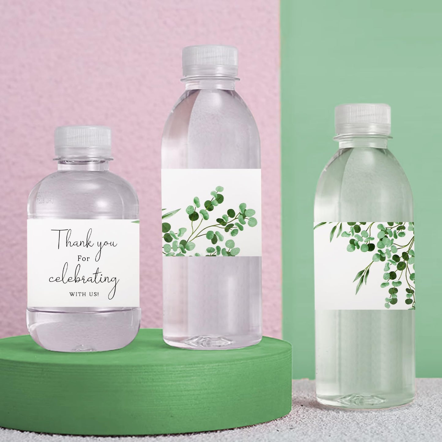 Wedding Water Bottle Labels Thank You, 100Pcs Greenery Water Bottle Wraps Eucalyptus Leaf Wraparound Labels Water Bottle Stickers for Birthday Bride Shower Green