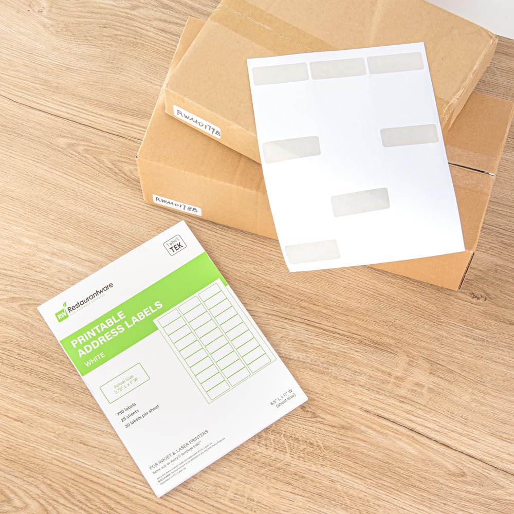 Restaurantware Label Tek 2.6 x 1 Inch Packaging Stickers 750 Premium Shipping Labels - Printable Address Sustainable White Paper Inventory Stickers High-Visibility with Strong Adhesives Address Label