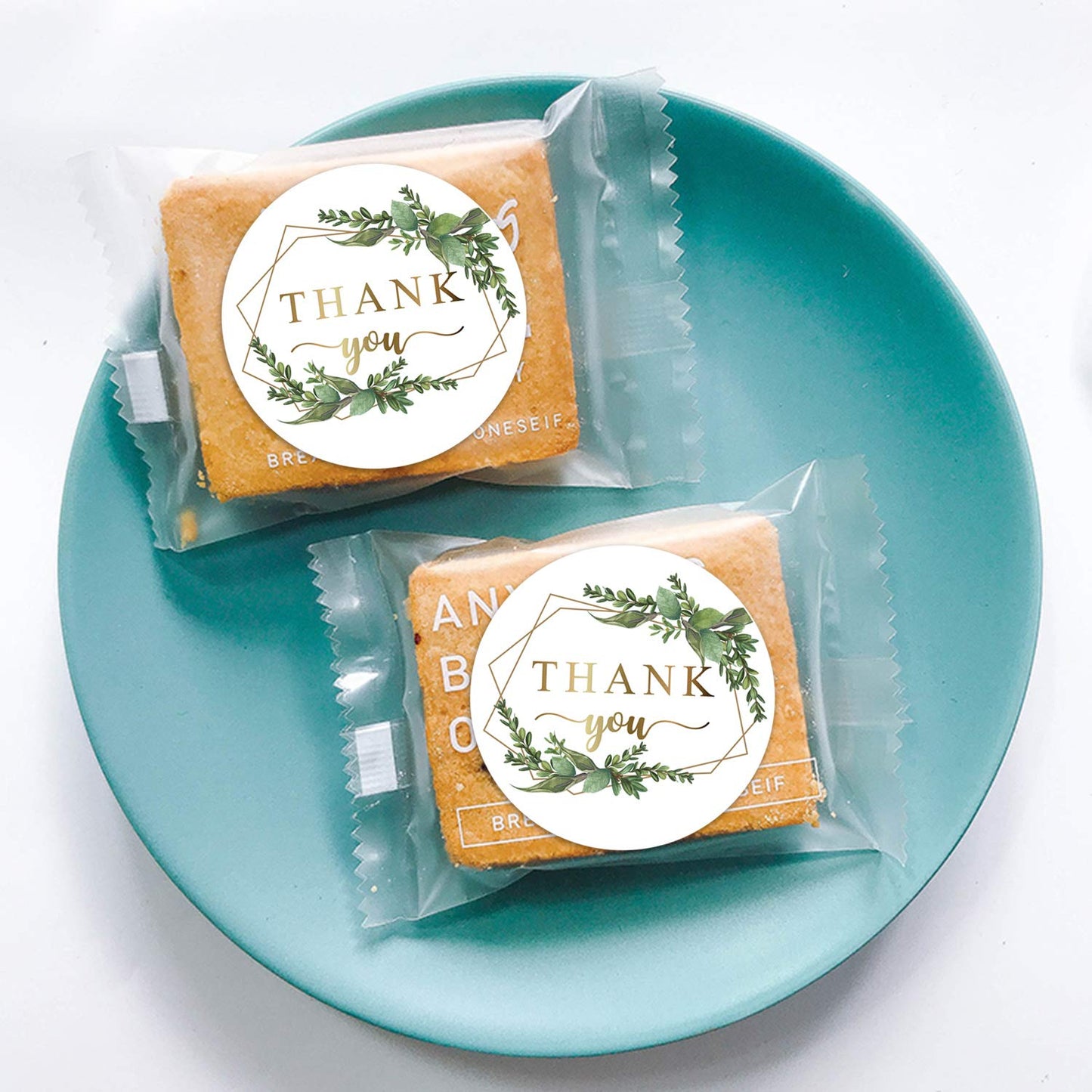 500 Chic Golden Greenery Frames Thank You Label Stickers, 1.4 Inches Circle Round Green Palm Leaves Wreath Thank You Stickers.