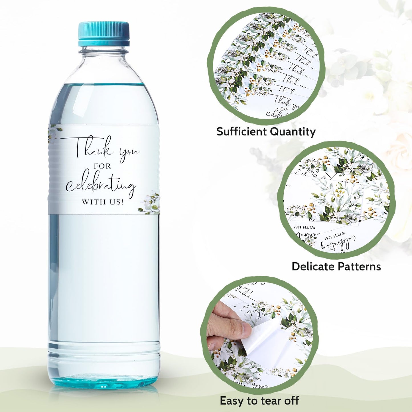 50pcs Wedding Water Bottle Labels Thank You Cards Flower Leaves Water Bottle Wraps Sticker Decorative Waterproof Bottle Wraps Rectangle Label for Bridal Shower Birthday Party Favors Celebration