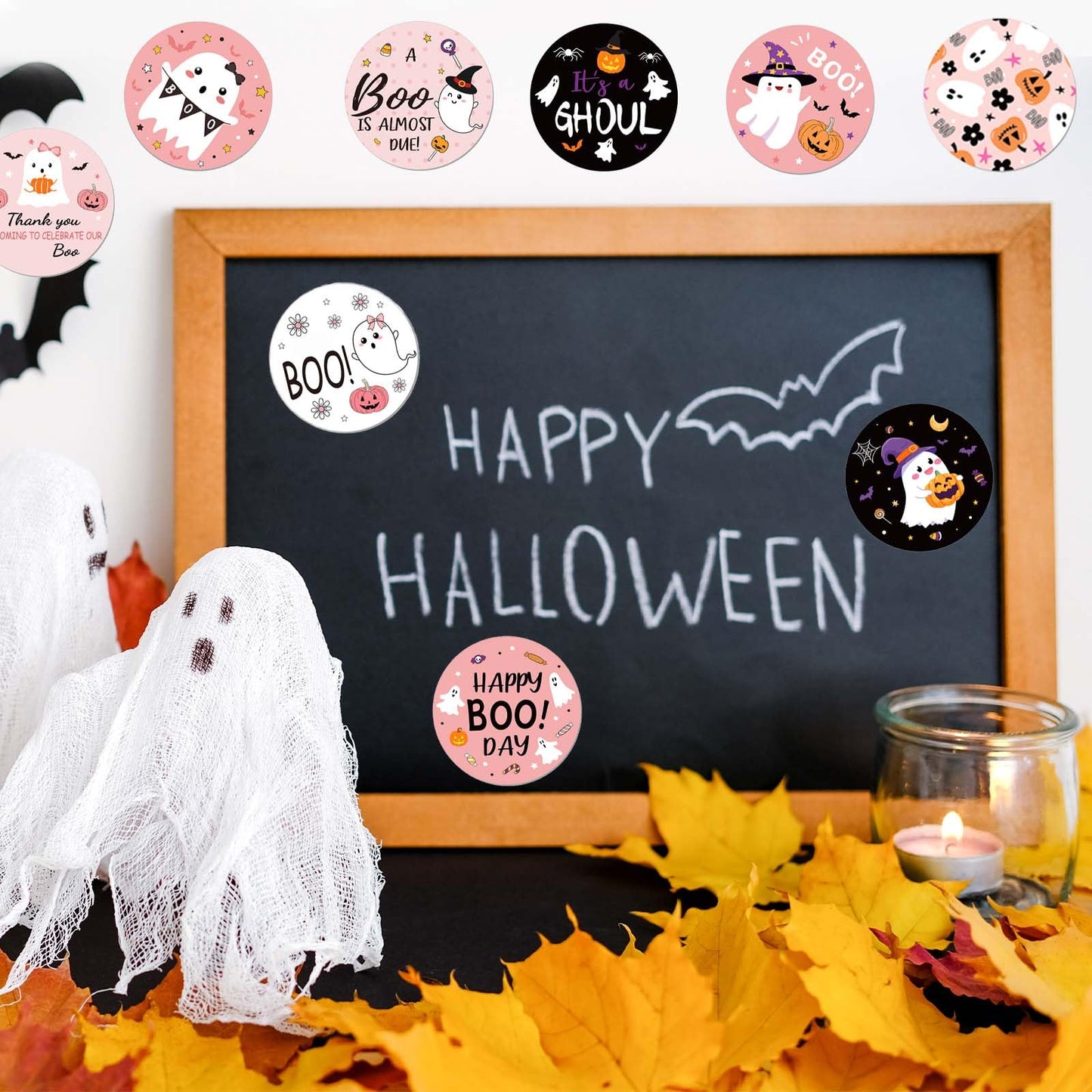 1000Pcs Halloween Stickers Roll Pink Black Cute Ghost Boo Self-Adhesive Round Stickers for Halloween Party Gift Bags Self-Sealing Supplies, 8 Design
