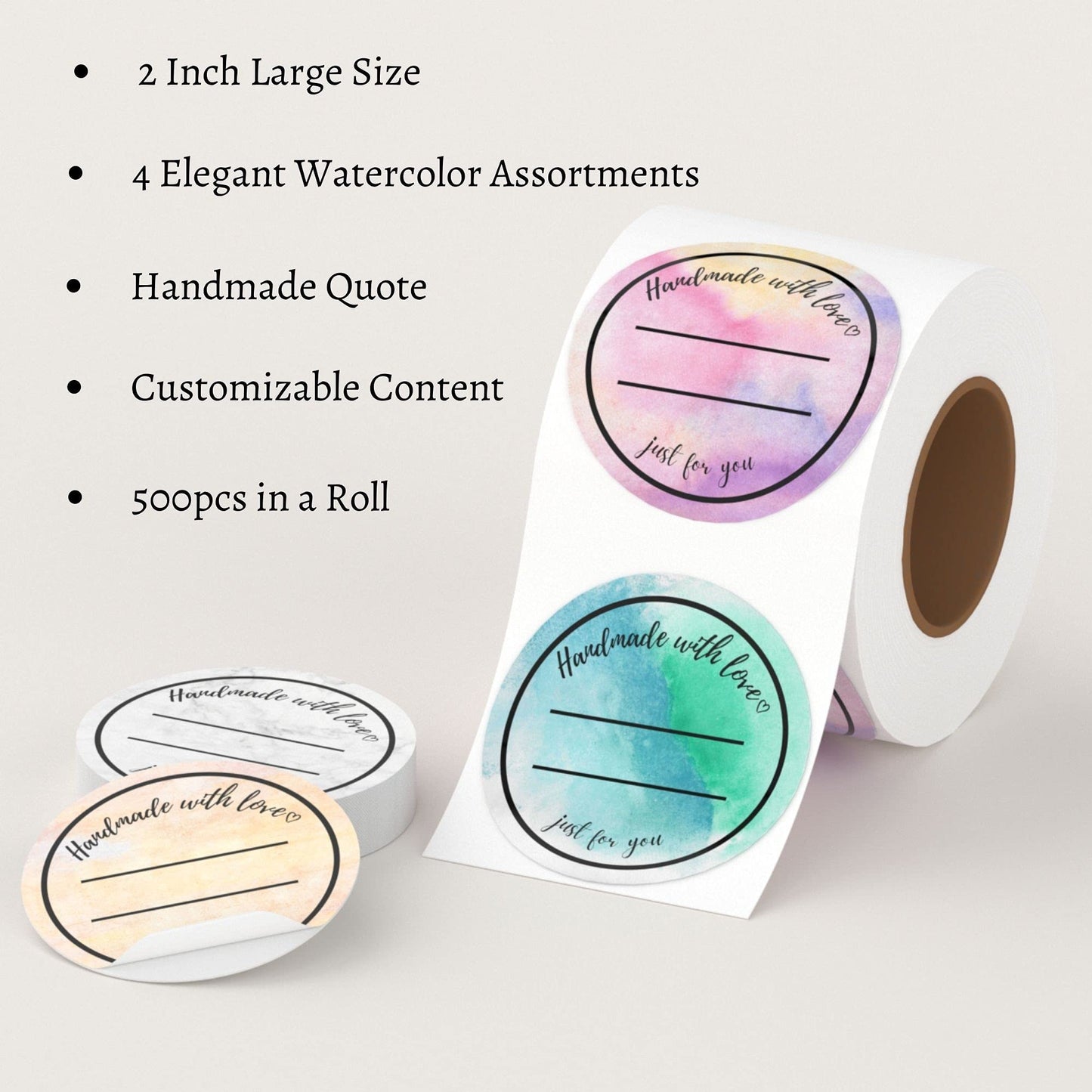 Mobiusea Creation Handmade with Love Labels Roll | 2 inch Round Cut | 500 Labels for Homemade Goods, Handmade Stickers, Small Business Supplies, Soap Candle Canning Supplies
