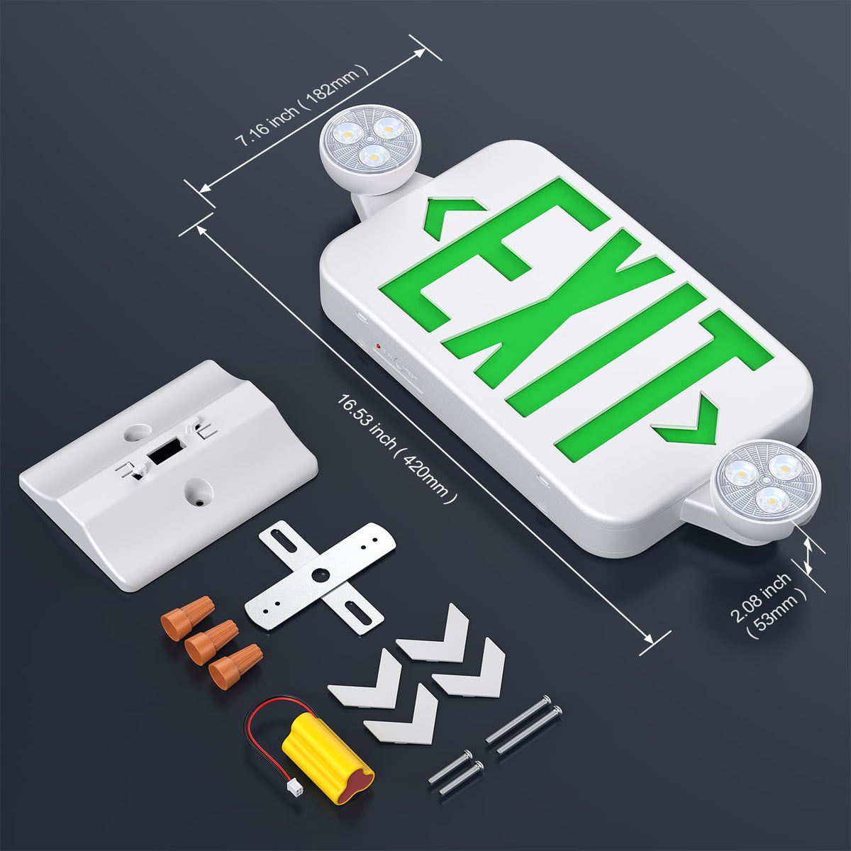 Led Exit Sign Emergency Light Combo Adjustable Two Head,Double Sided and Battery Backup Exit Light,Green Letter Hardwired Emergency Exit Sign,AC 120/277V,UL Listed,Ceiling&Wall Mount (1 Pack) 1 Pack