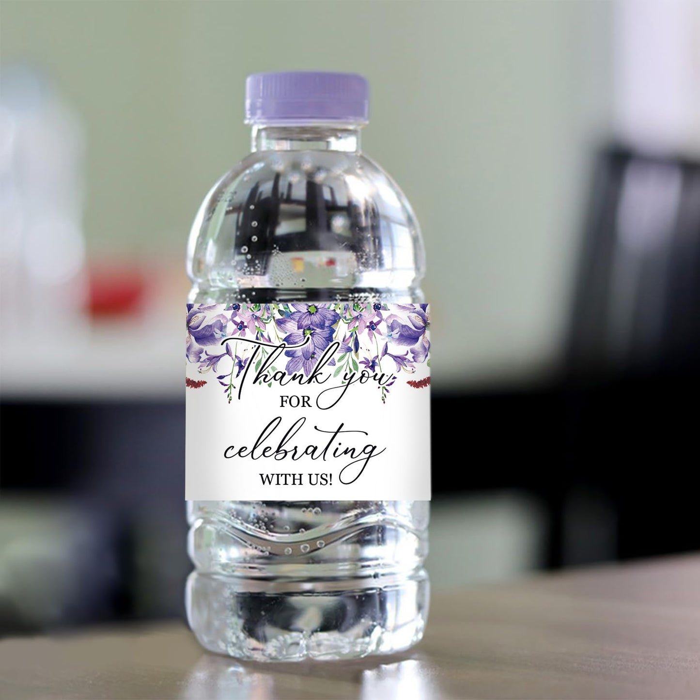 Water Bottle Labels, 50Pcs Purple Flowers Thank You for Celebrating with Us Waterproof Bottle Sticker for Wedding Birthday Graduation Baby Shower