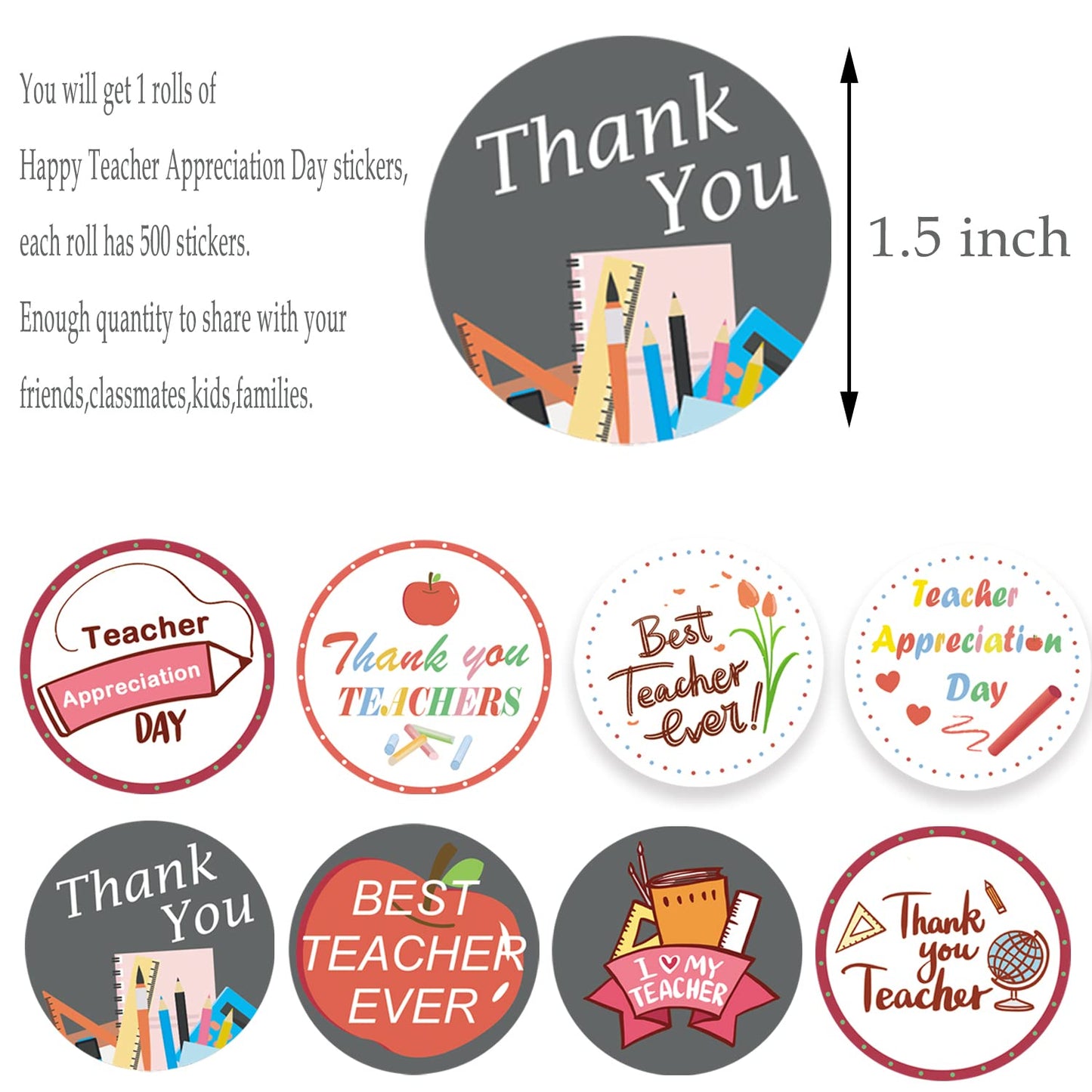 500 Pieces Teacher Appreciation Party Decorations Labels Roll Stickers - Teacher Appreciation Week Party Supplies Decor Favors Jar Containers Letter DIY Sticker Labels Decals