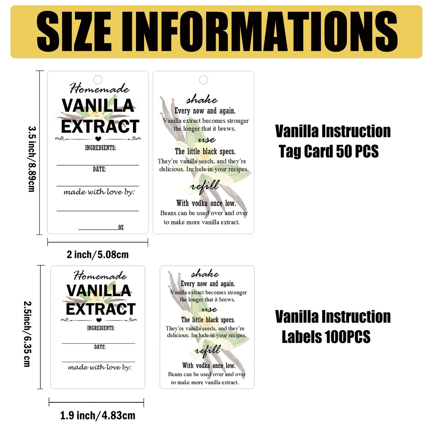 Vanilla Extract Labels with Instructions Homemade Vanilla Tag Card for Handcrafted Vanilla Bottles,Christmas Gift,Kitchen Pantry,Jar,Organization 50 Set (White) White