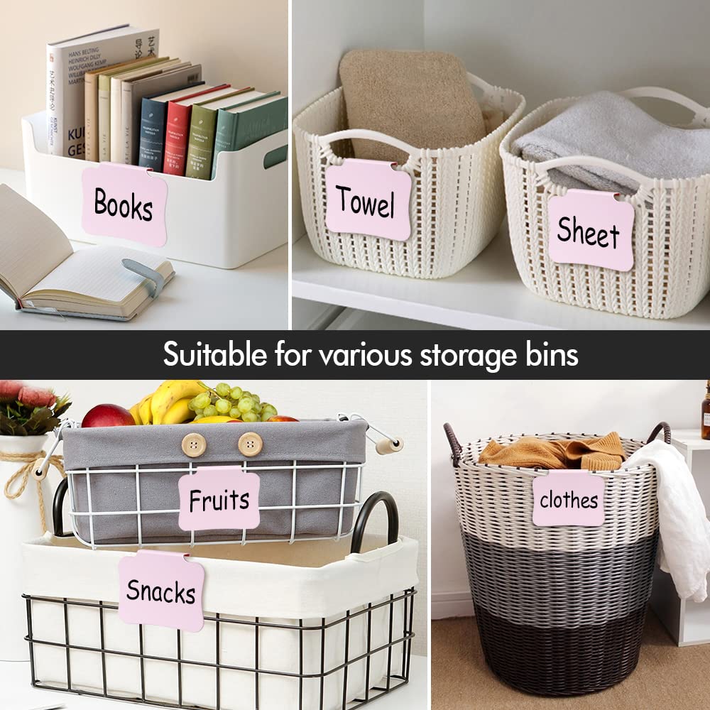 12PCS Basket Labels Clip On for Storage Bins, Removable & Erasable Bin Labels Clips On, Laundry Kitchen Pantry Labels for Organizing Baskets Cube Box (Pink) Pink-12pcs