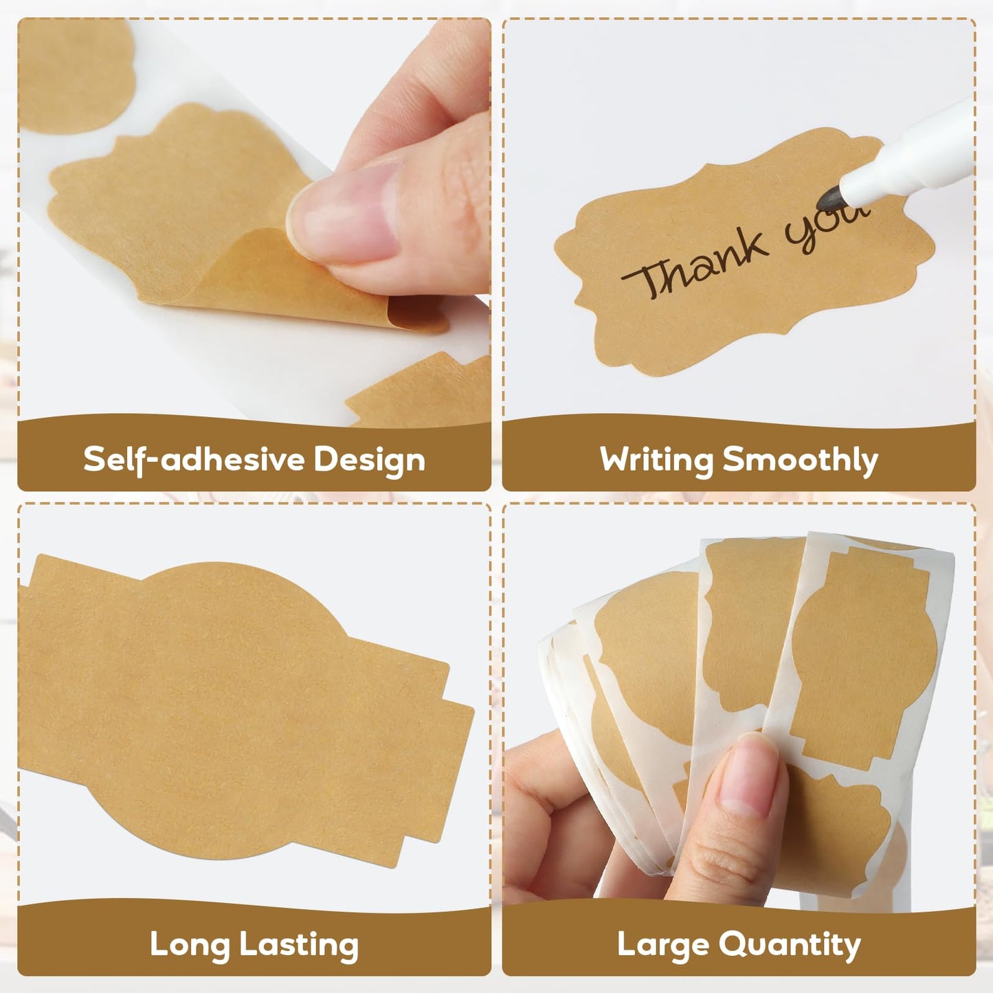300PCS Kraft Brown Labels 2x1.2 Inch - Blank Self-Adhesive Stickers for Mason Jars, Bottles, Gift Wrapping, Food Storage & Crafts (Writable, Vintage Style, 3 Designs)
