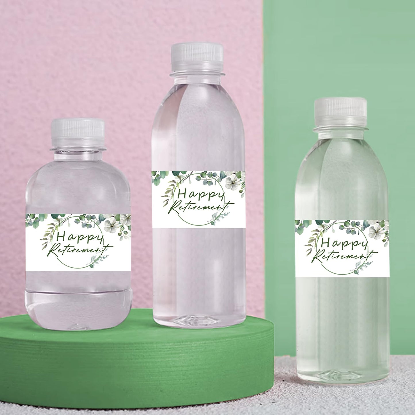 Water Bottle Labels, Green Leaf Happy Retirement Waterproof Bottle Wraps Sticker Officially Retired Bottle Wrappers Party Water Labels 1.37x8.18in 3.50 Centimeters