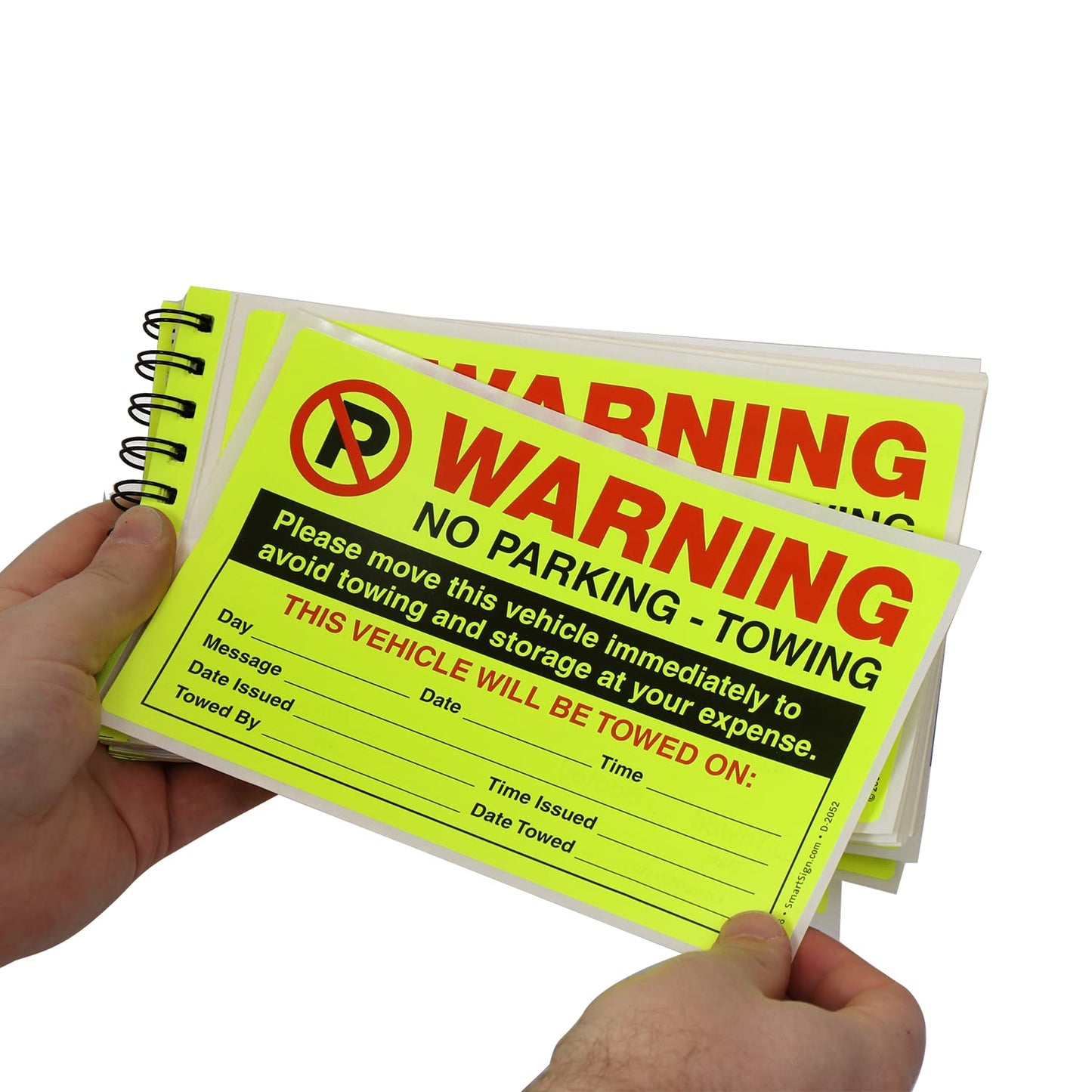 SmartSign Warning Parking Violation Stickers, Book of 50 Stickers, 5" x 8", Move Vehicle Immediately to Avoid Towing Sticker, Hard to Remove Write-On Tickets, Fluorescent Yellow Stickers Book
