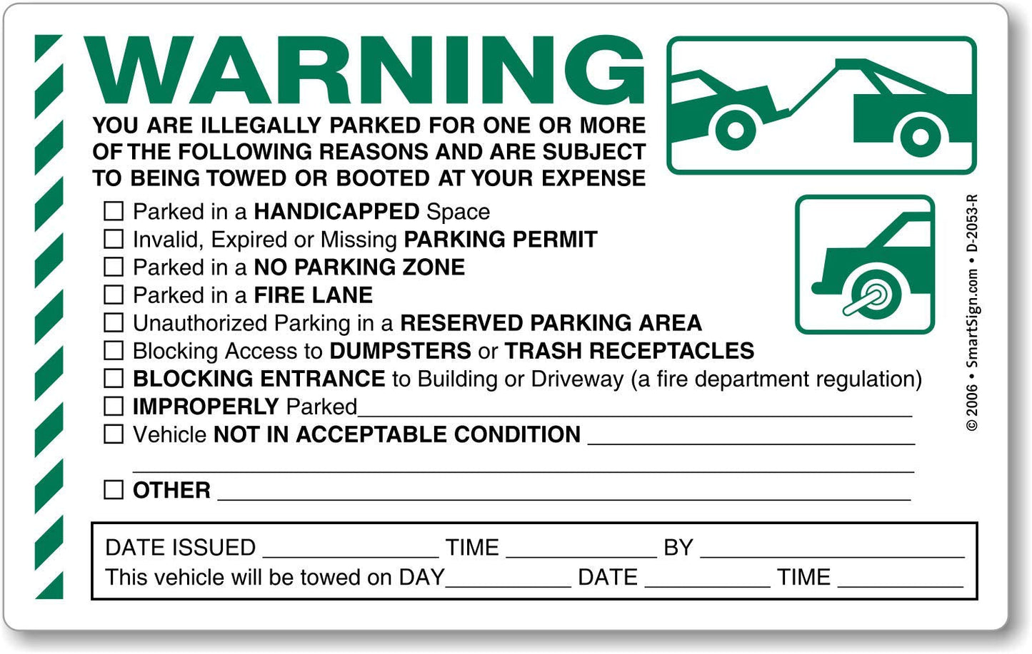 SmartSign 50-Pack 'Warning You are Illegally Parked' Sticker Labels with Permanent Adhesive, 5" x 8" Paper, Hard to Remove Write-On Tow Warning Parking Tickets, Green, Black/White Warning - Illegally Parked
