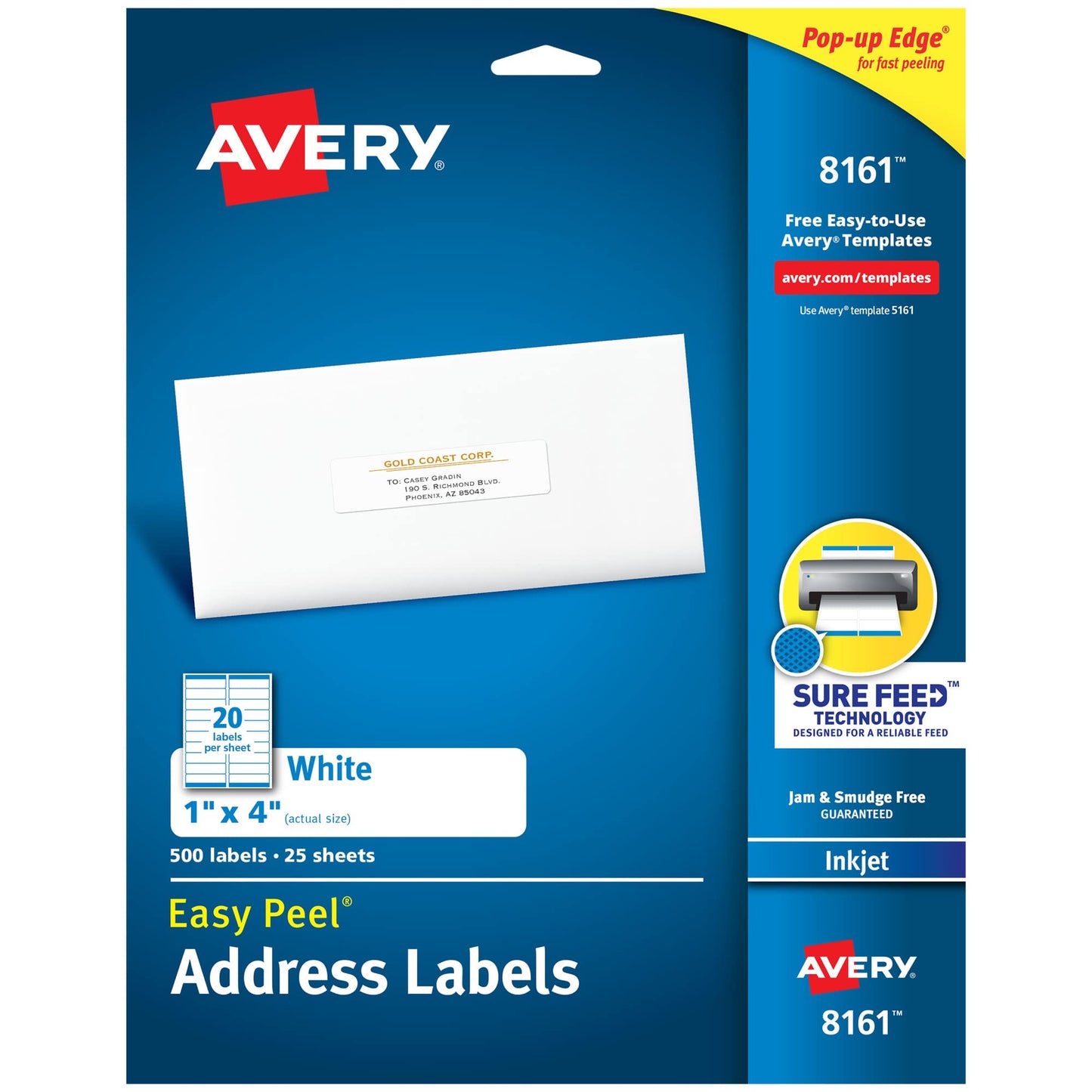 Avery Easy Peel Printable Address Labels with Sure Feed, 1" x 4", White, 500 Blank Mailing Labels (08161) 500 labels