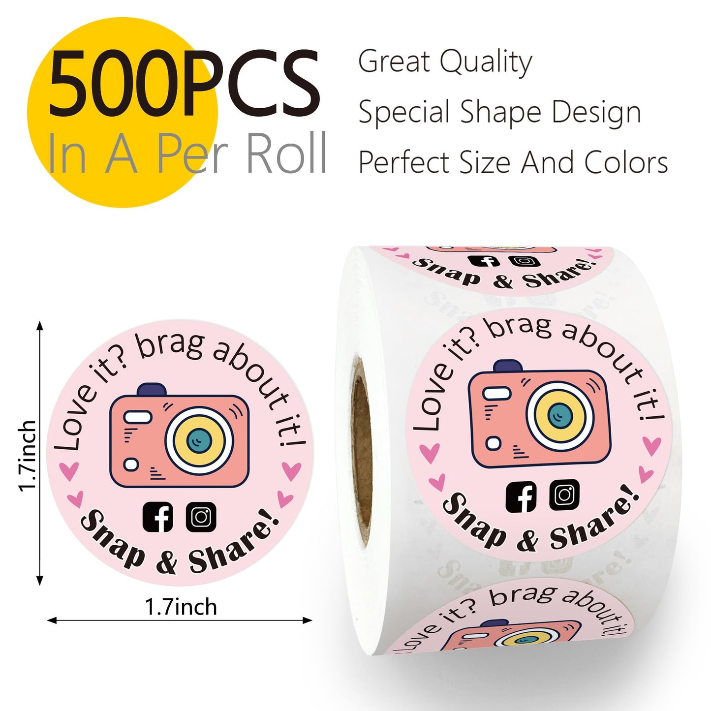 500pcs Love It Snap Share Review Stickers Roll - Pink Retro, Cute Round Thank You Stickers - Handmade Boutique Small Business Must Have, Please Leave a Review Pink Snap
