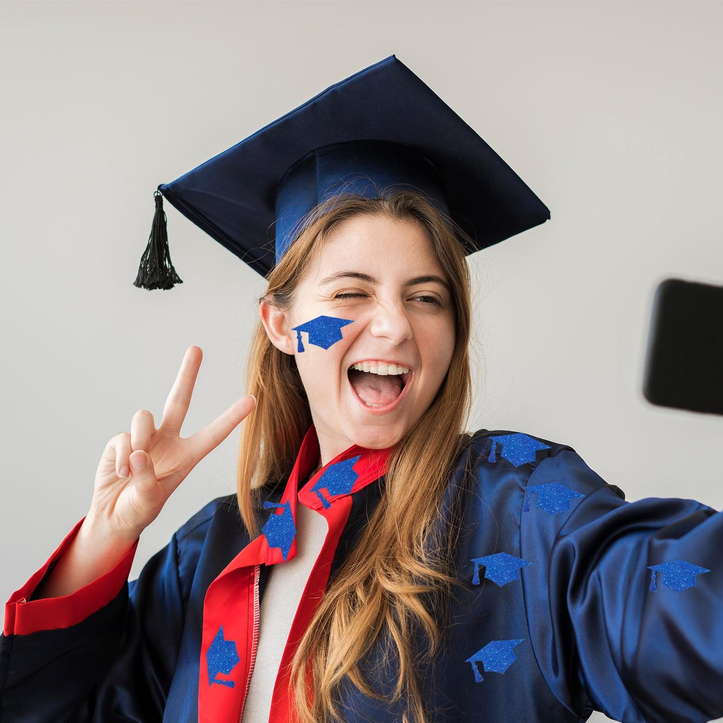 Waline Blue Graduation Cap Stickers - Laser Silver Sealing Labels, Self-Adhesive, 1.5x0.8 Inch