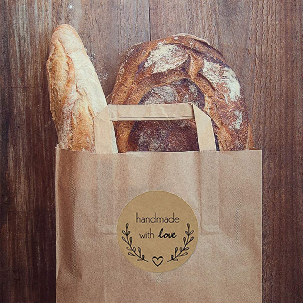 1000pcs Self Adhesive Stickers Labels Kraft Paper Handmade with Love Round Baking Stickers Labels Roll Decoration Cookie Jars Homemade Gifts Envelopes Etc