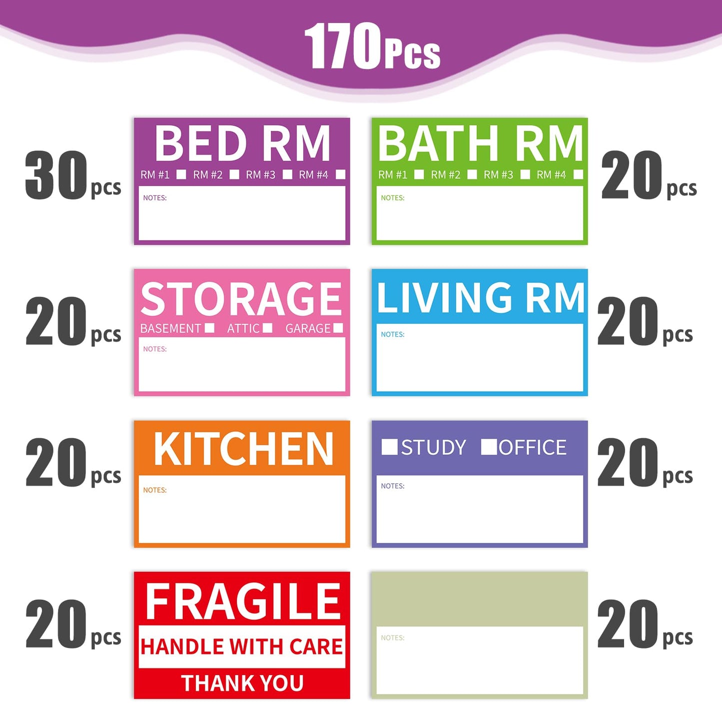 170 Home Moving Labels, 3.4 x 2 inches, 8-Color Coded Packing Box Stickers with Fragile and Blank Customizable Labels 170