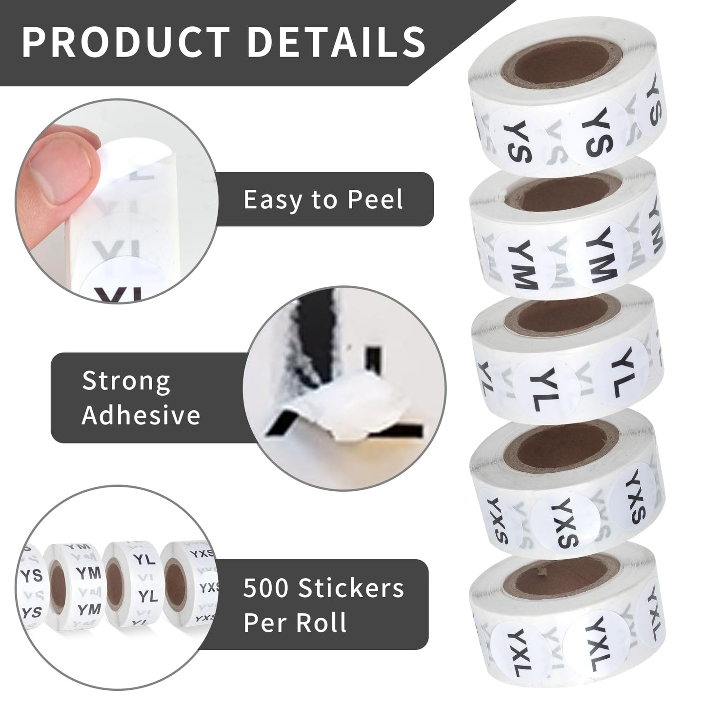 500 Pieces Youth Clothing Size Stickers Round Adhesive Labels Circular Diameter 0.9inch Clothing Size Stickers Labels Tshirt Size Stickers White Stickers with Black Text for Retail Apparel (YXS Size) YXS