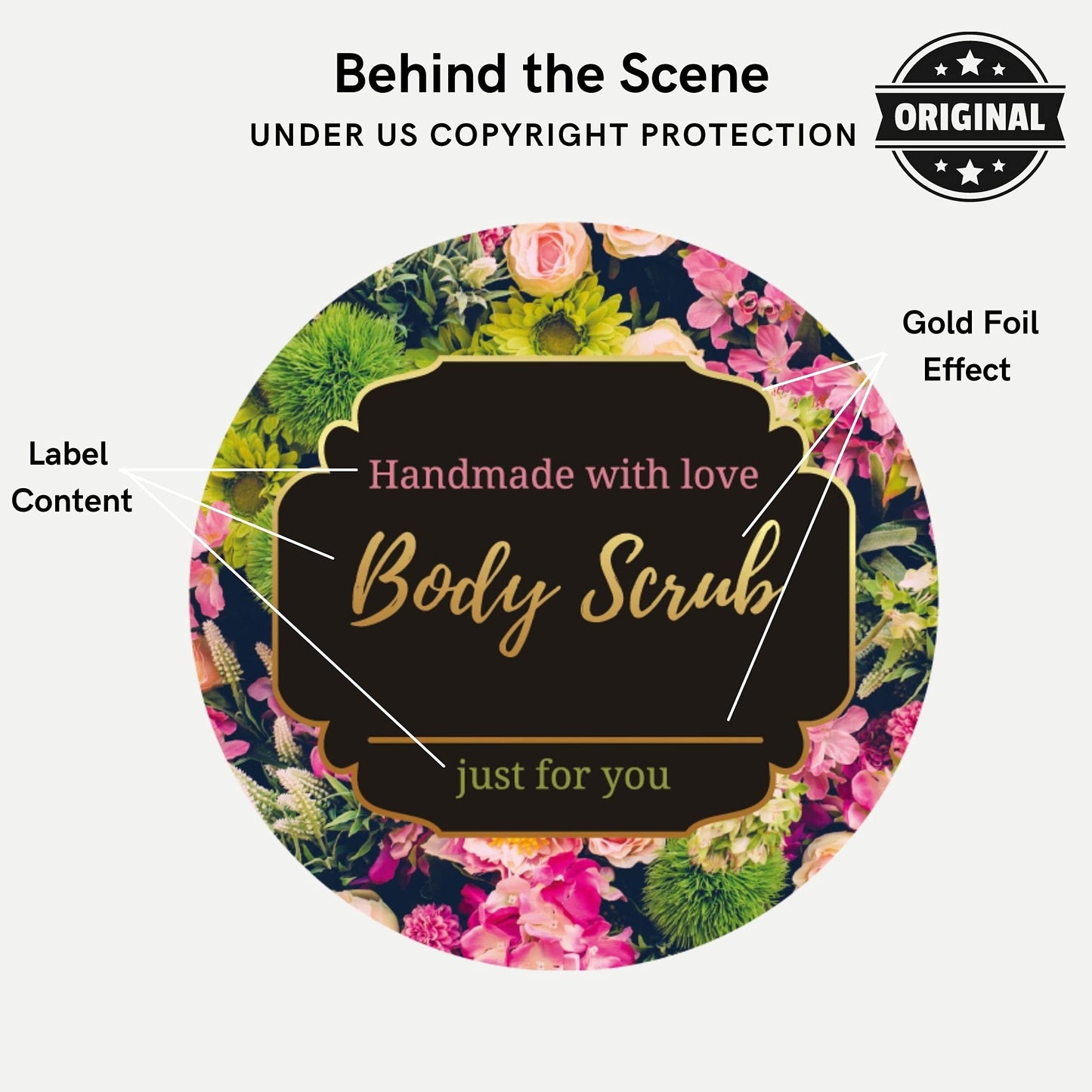 Mobiusea Creation Body Scrub Containers Labels Roll | 2 Inch | Gold Foil | 300 Waterproof Stickers for Small Plastic Containers | Ideal for Sugar Scrubs, Body Scrubs, Cosmetic Jars with Lids