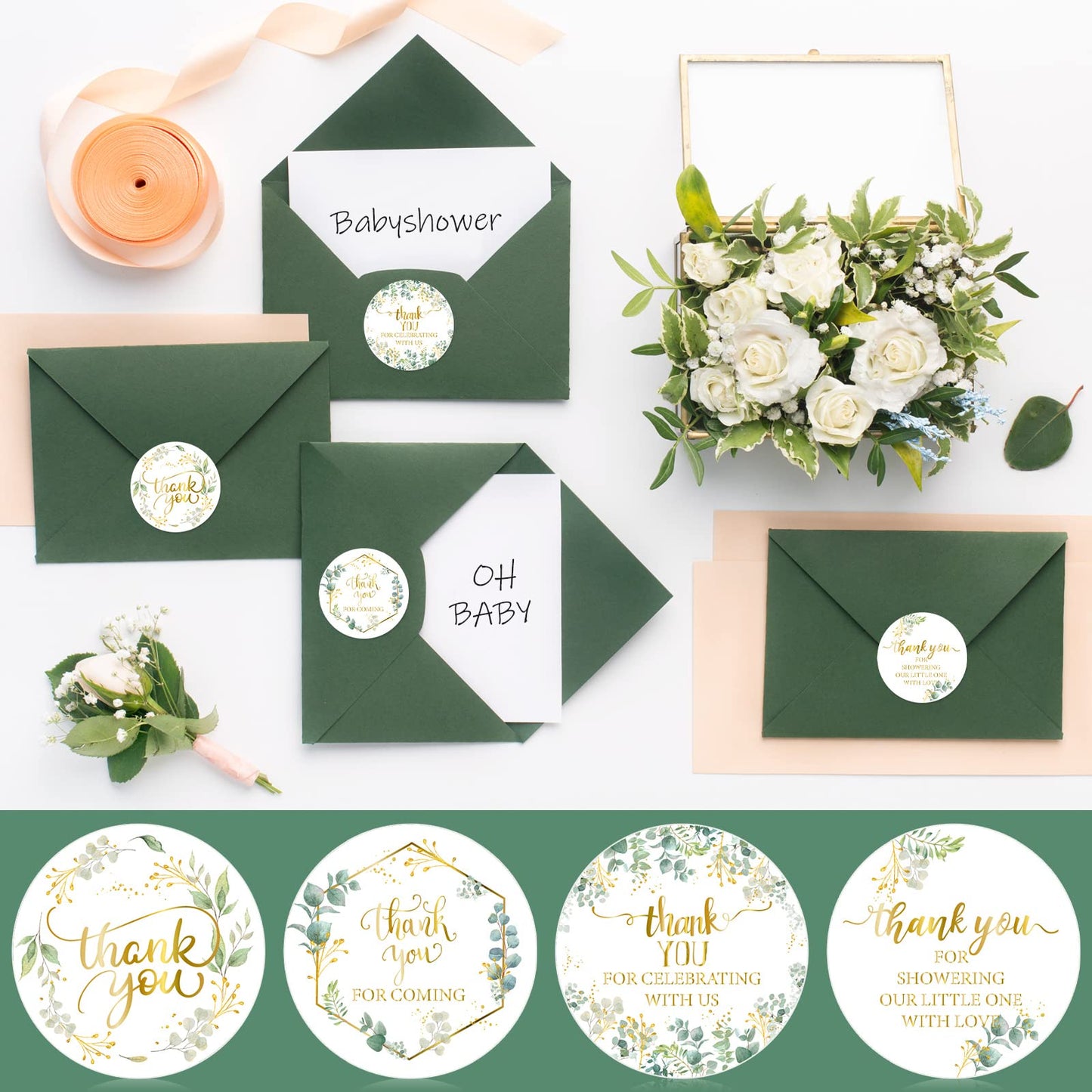 Lewtemi 500 Pcs Baby Shower Thank You Stickers Greenery 2 Inch Circle Round Thank You Label Sticker for Coming Wedding Green Leaves Favors for Baby Shower Bridal Wedding Birthday Party Supplies