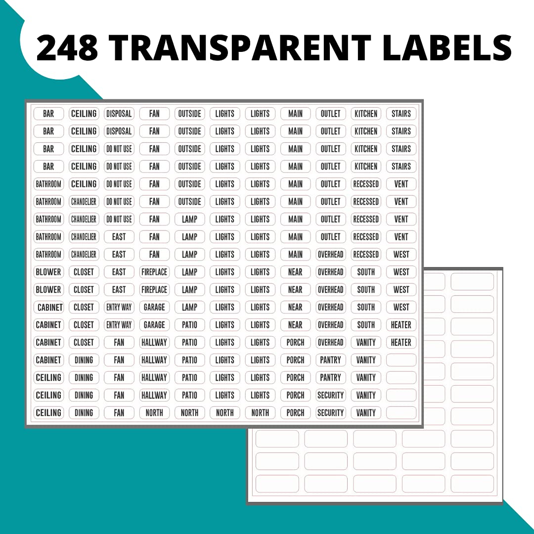 Premium Light Switch Label Sticker Clear Transparent with Text. for Home, Kitchen, Bathroom, Office School Use. 248 Clear Labels (Includes Blank Labels) Standard Pack