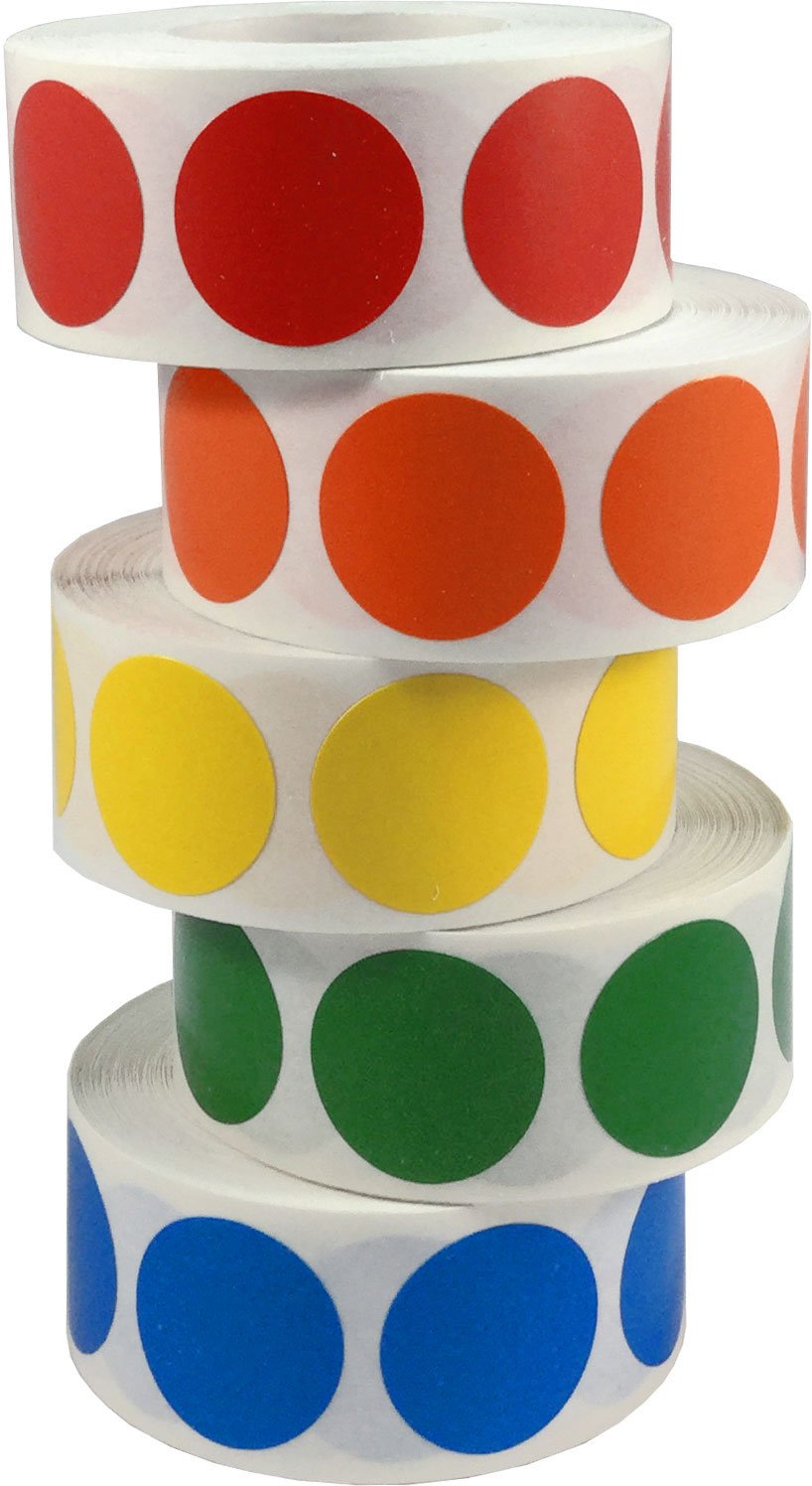 3/4" .75 Inch Round Color Coding Dot Labels - Bulk Pack - One Roll Each Red, Yellow, Green, Blue, Orange - 500 Per Color - 2,500 Total Stickers