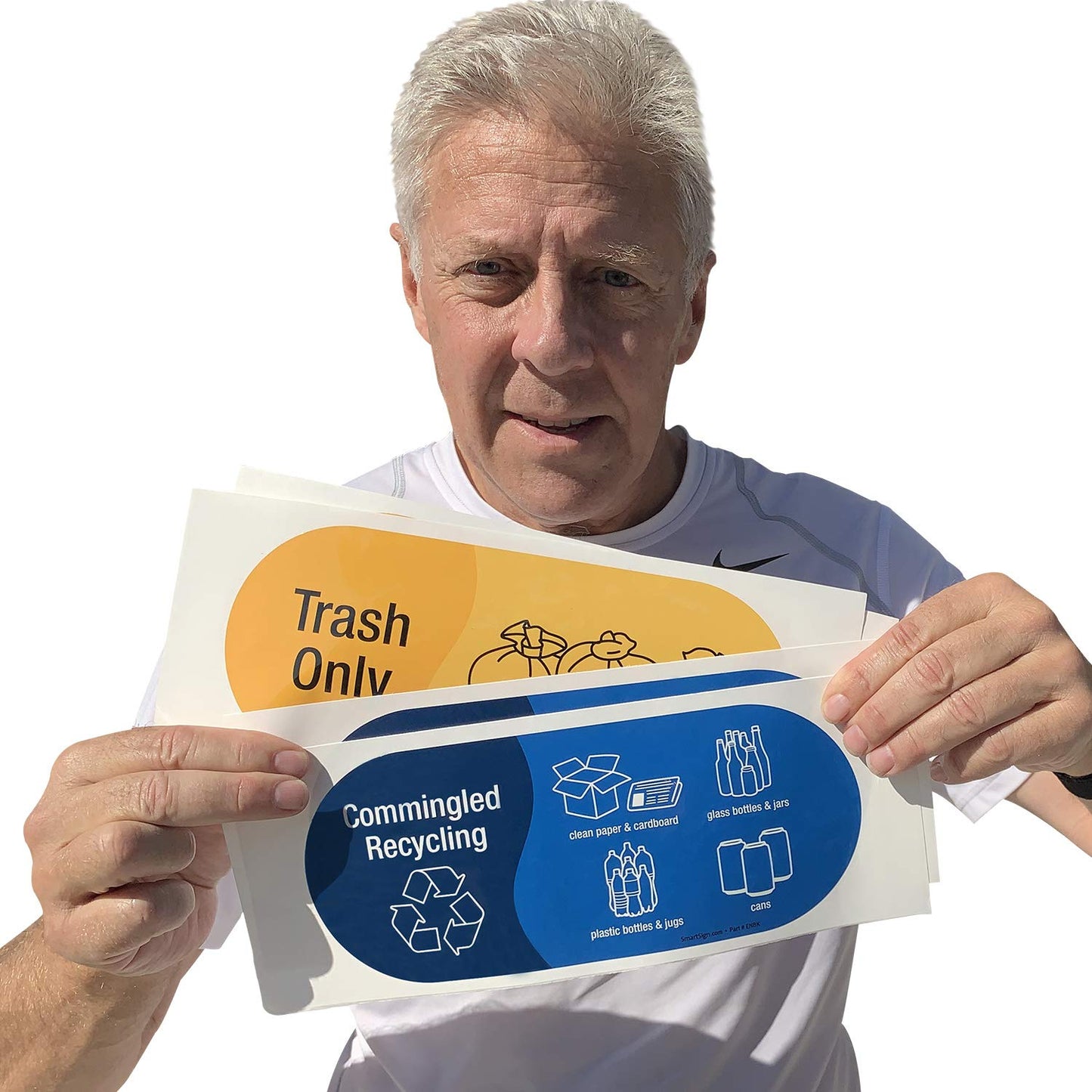 SmartSign (Pack of 4) 3.75 x 9 inch “Trash Only and Commingled Recycling” Sticker Labels with Symbols, 5 mil Laminated Polyester with SuperStick Adhesive, Multicolor, Made in USA