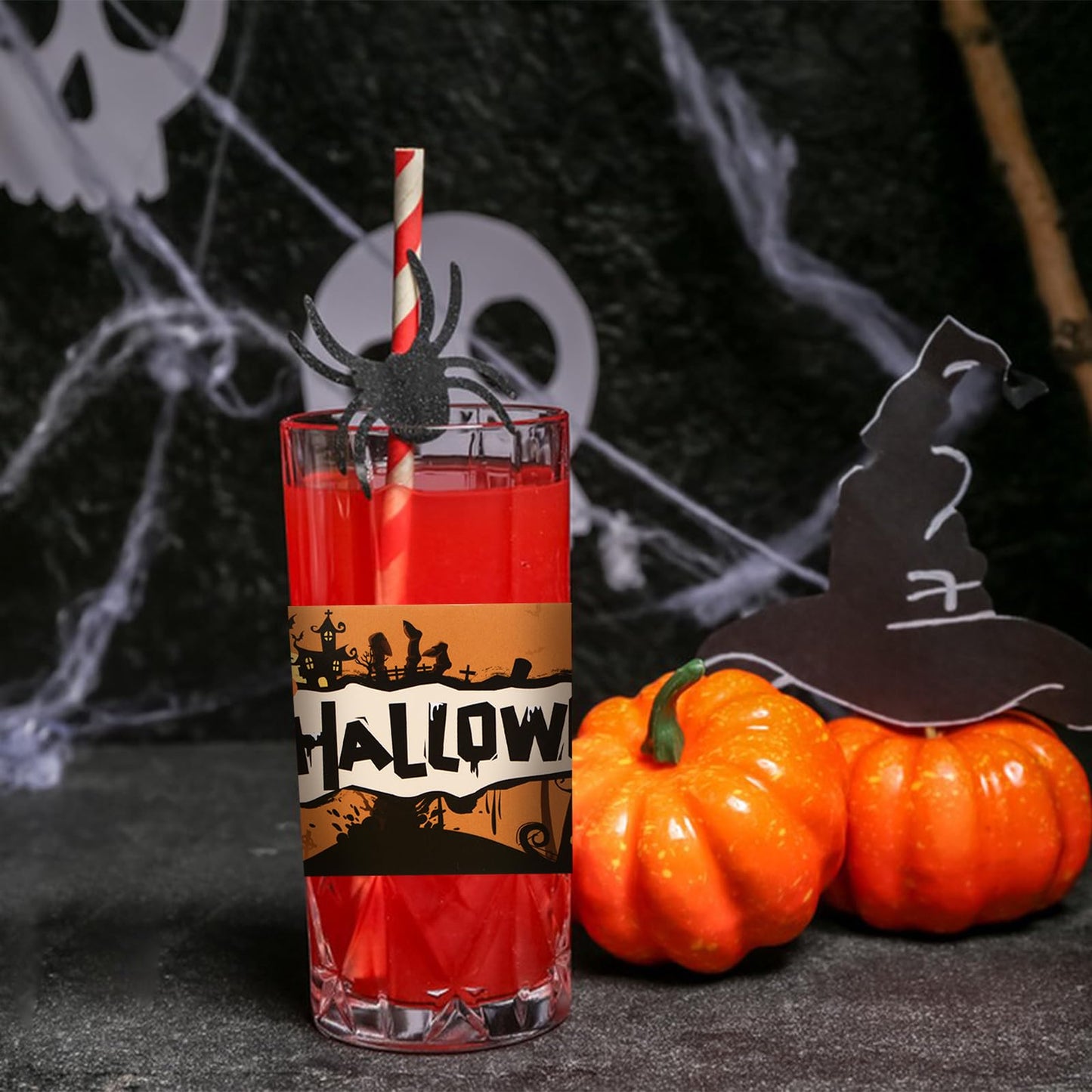 50 Pcs Halloween Water Bottle Labels,Retro Style Pumpkin Colour Stickers Drinks Wrappers for Halloween Party Favors Decor Supplies Yellow