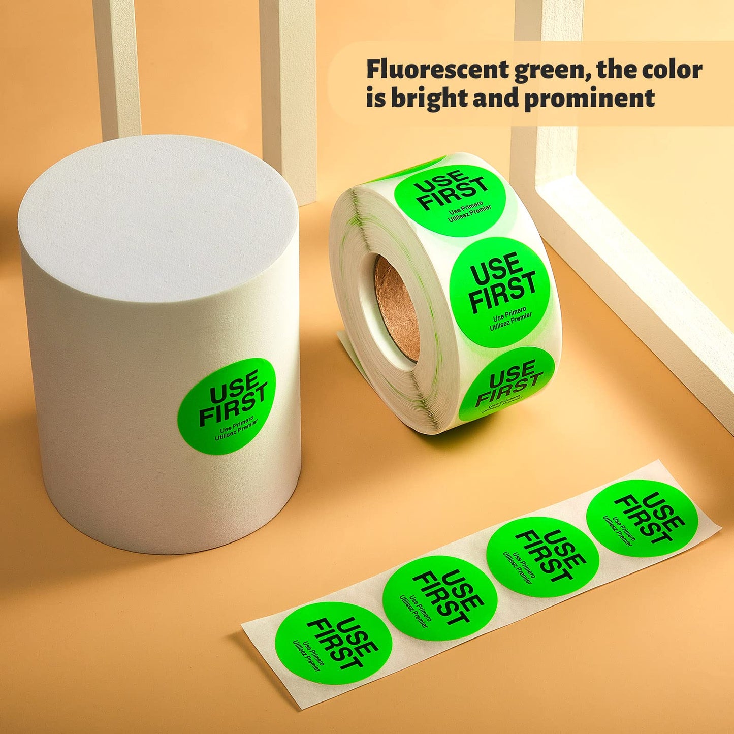 1000 Pcs Use First Stickers Day Food Labels 1.5 Inch Circle Removable Dots Food Labels Waterproof Fluorescent Adhesive Stickers for Kitchen Restaurant Containers,Trilingual,Green