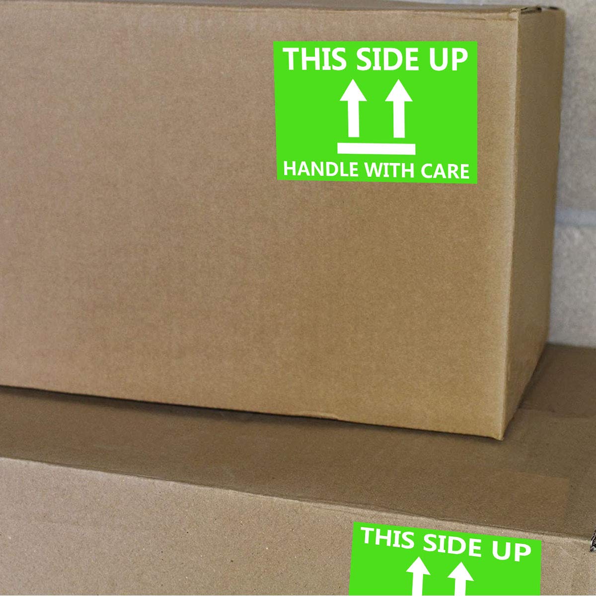 This Side Up Fluorescent Shipping Label Stickers-2" X 3" This Side Up Warning Stickers for Shipping and Packing-300 Adhesive Labels Per Roll (Green/White)