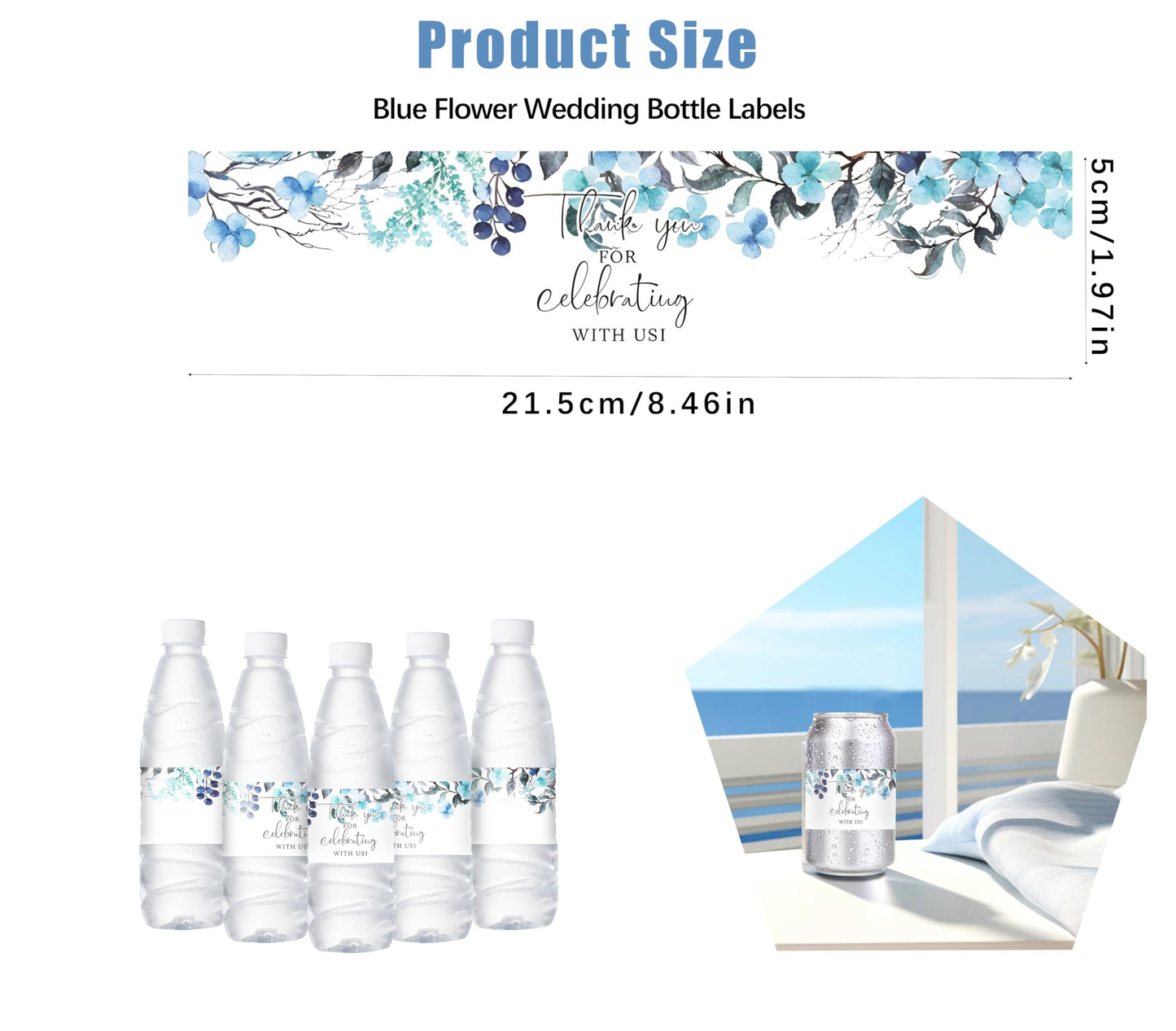 50Pcs Blue Flower Wedding Water Bottle Labels Glossy Waterproof Wrappers Wraparound Label Thank You Stickers for Bridal Shower Birthday