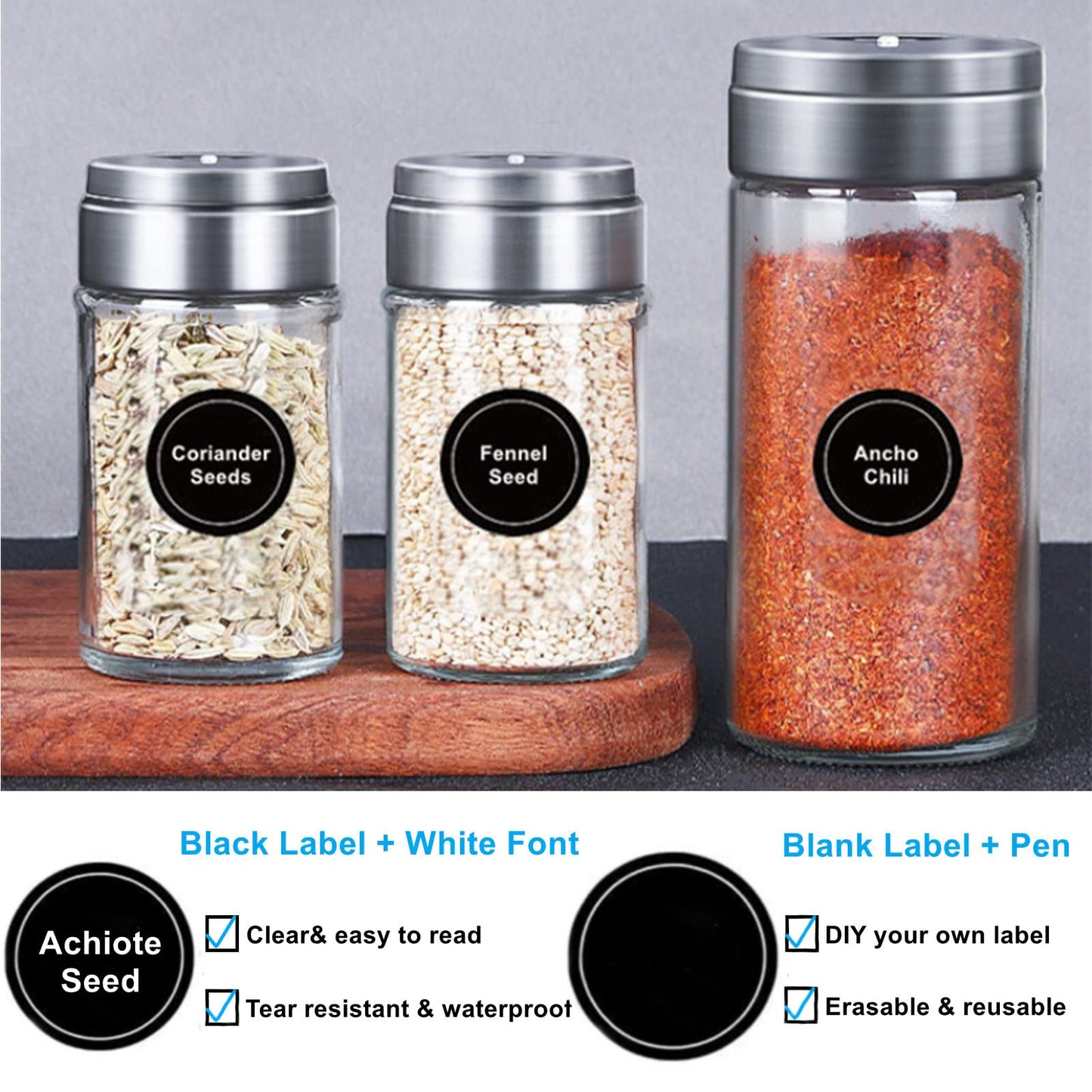 180 Spice Jar Labels - Chalkboard Stickers, Preprinted and Blank - Round and Erasable for Spice Containers 1.5 in