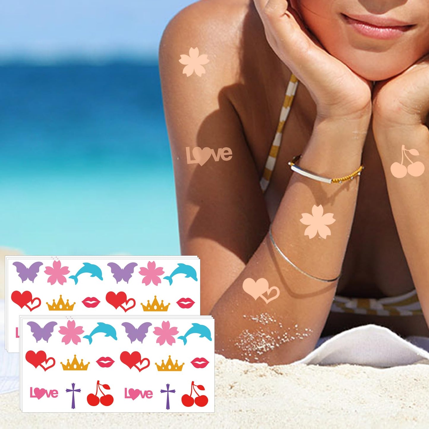 270pcs Christmas Tanning Sunbathing Stickers Self Adhesive Heart Lips Dolphin Butterfly Cherry Body Sticker Tanning Bed Decals for Summer Beach Outdoor Indoor Salon Party Supplies